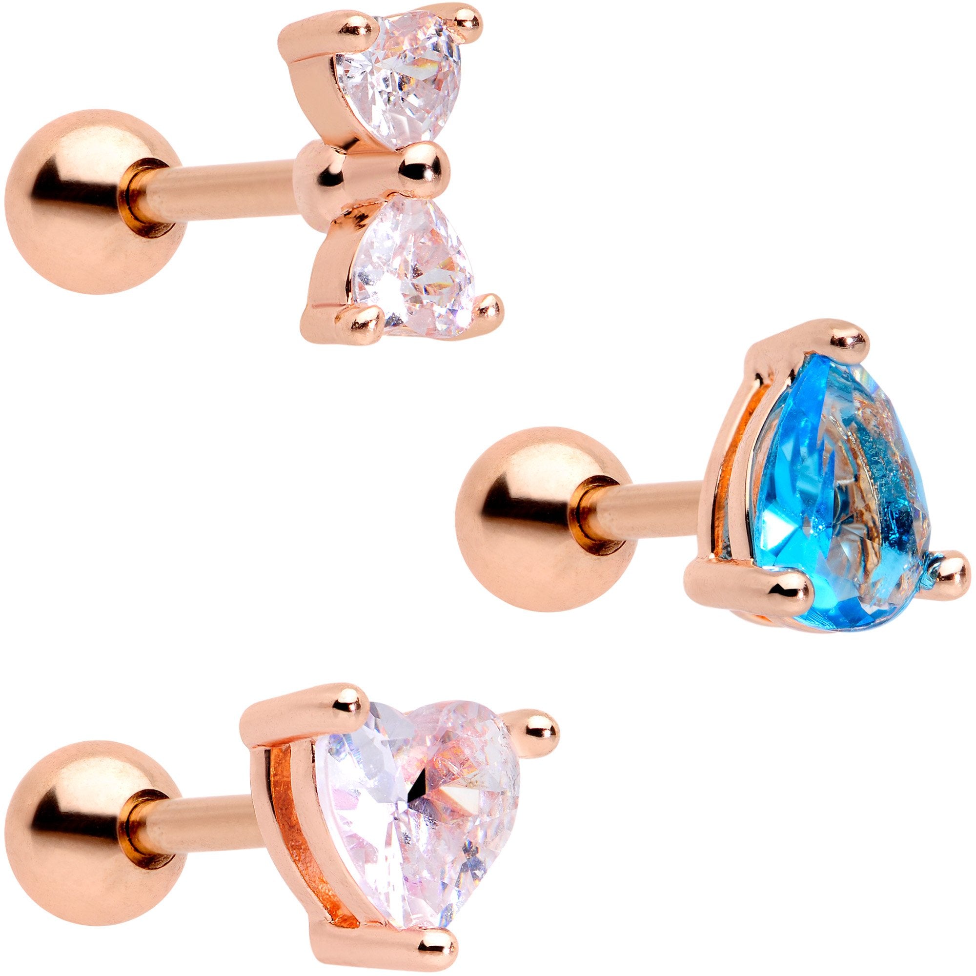 16G 1/4 Blue Clear CZ Rose Gold Tone Triangle Tragus Set of 3