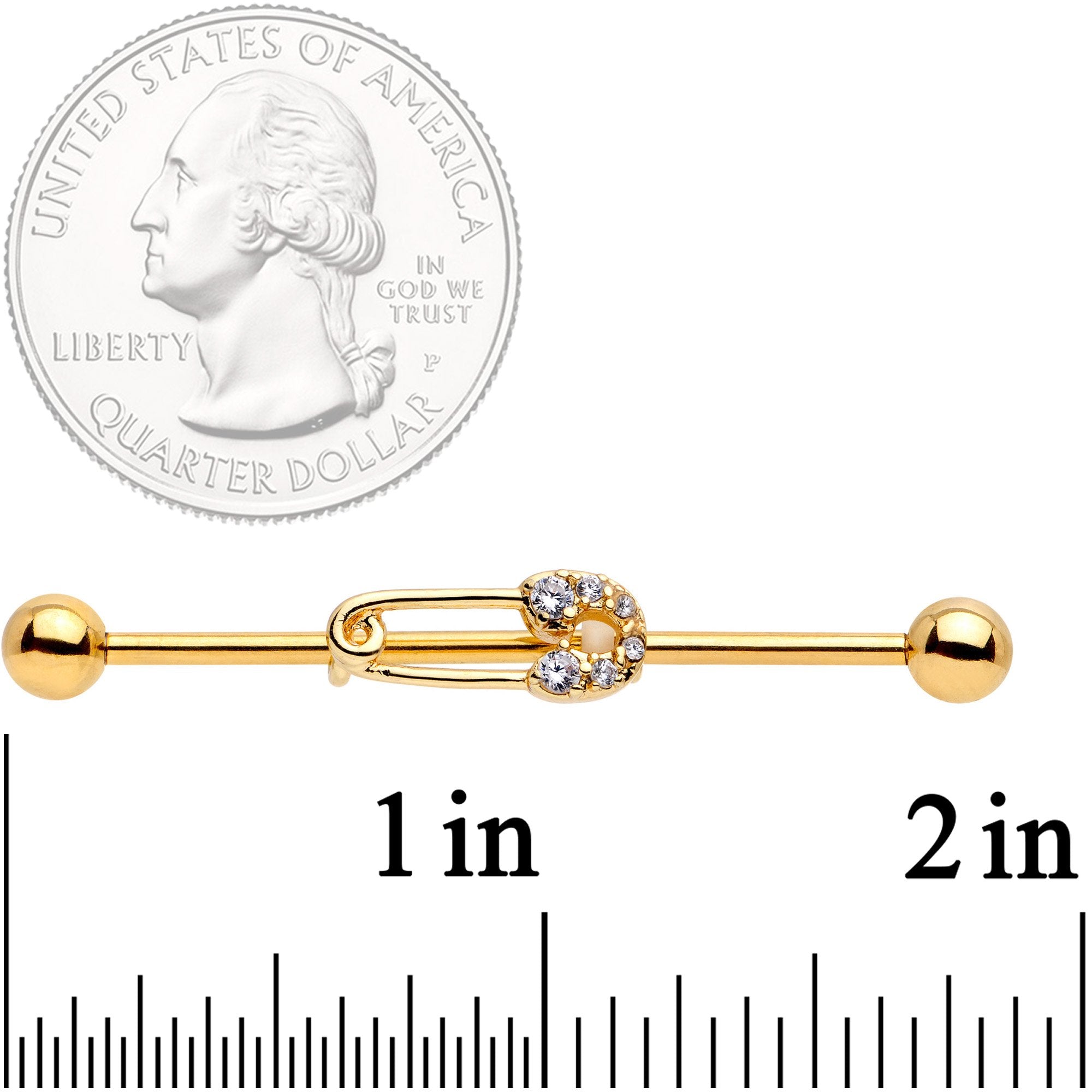 14G Clear CZ Gem Gold Tone Safety Pin Industrial Barbell 38mm