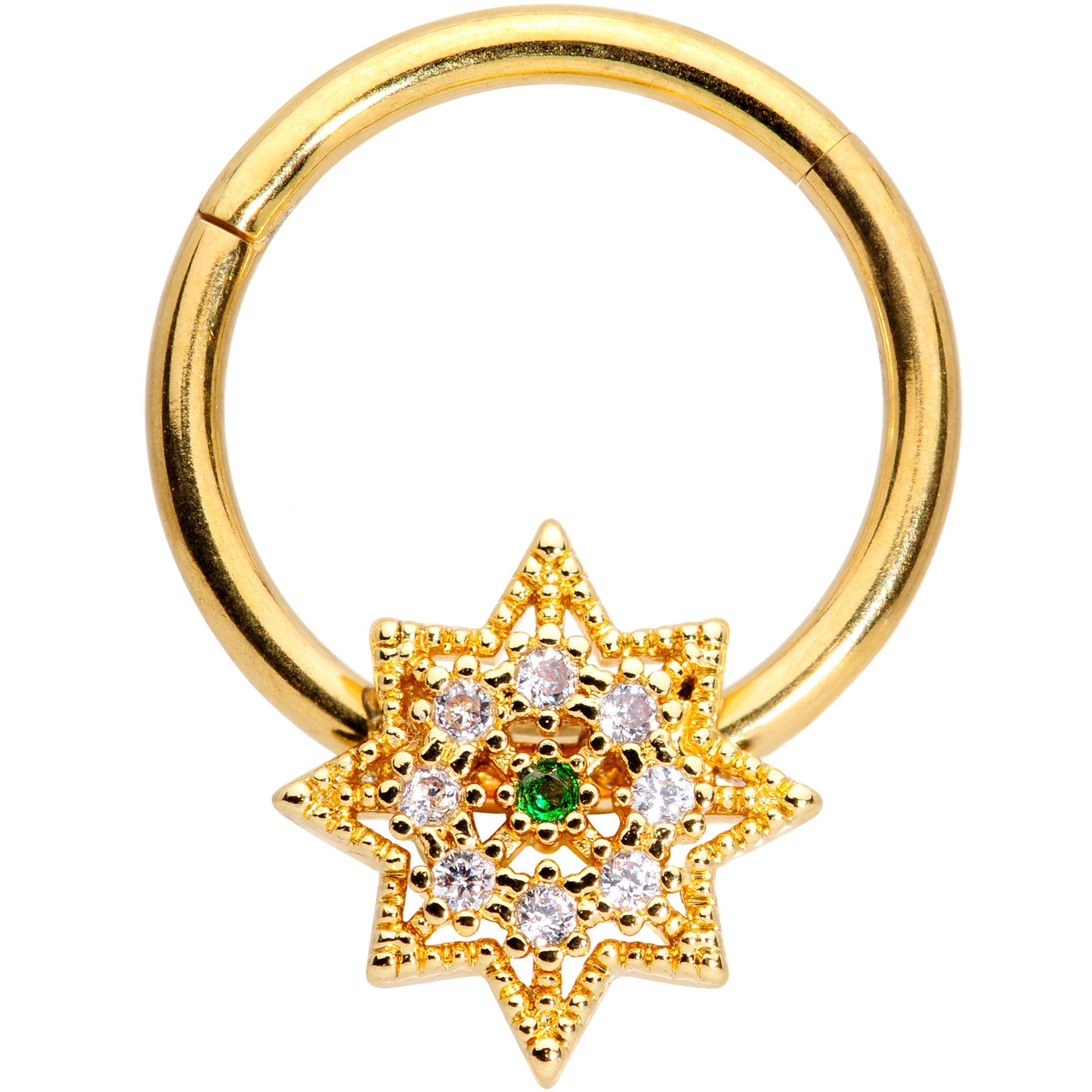 16G 3/8 Clear CZ Gem Gold Tone Octagon Hinged Segment Ring