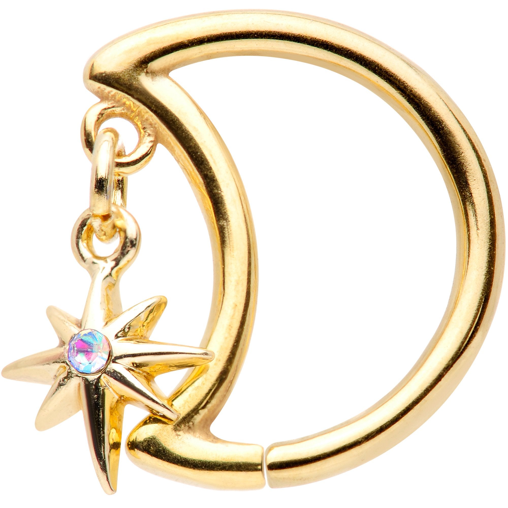 16G 3/8 Aurora Gem Gold Tone Moon Star Right Ear Closure Ring