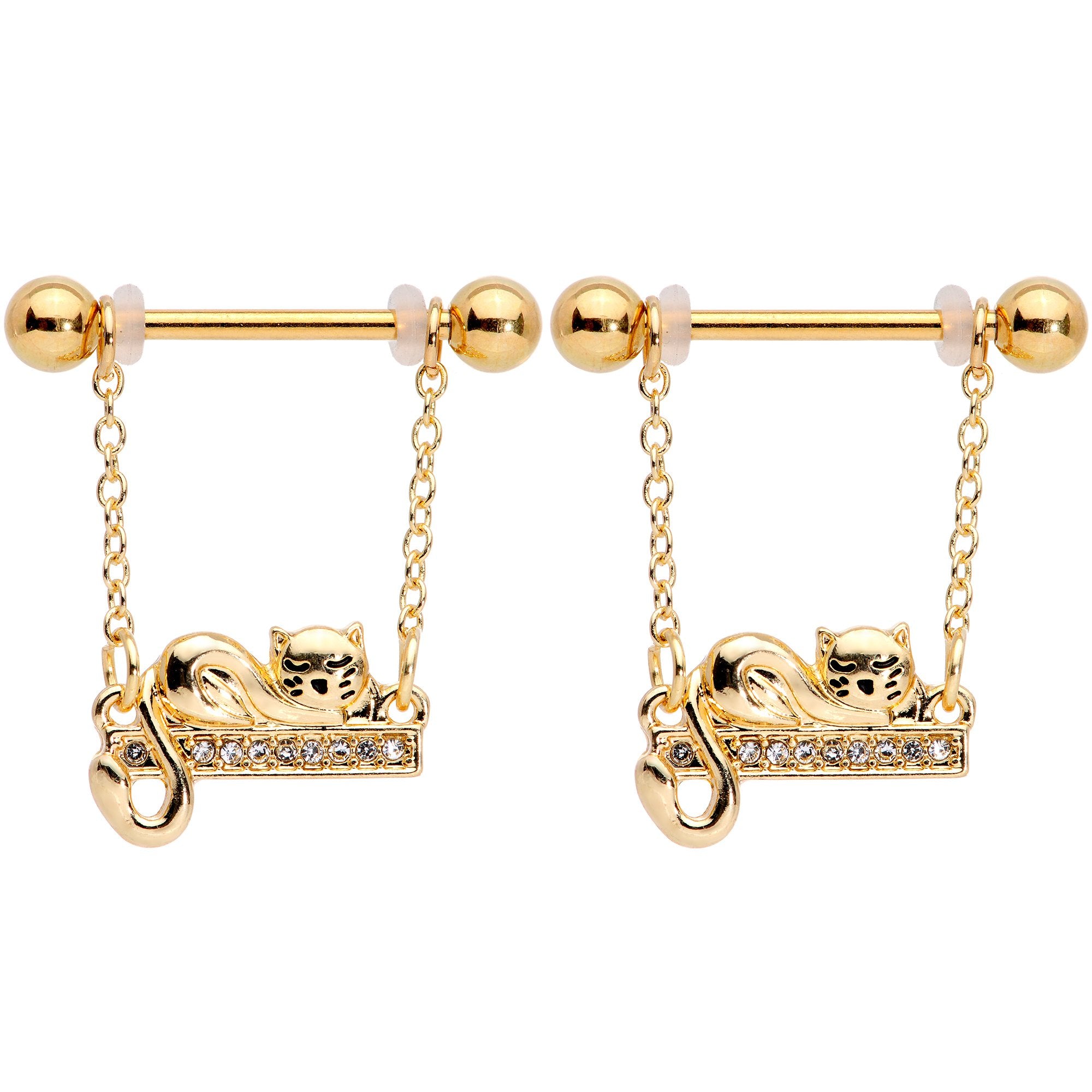 14G 5/8 Clear Gem Gold Tone Nap Cat Dangle Nipple Ring Set