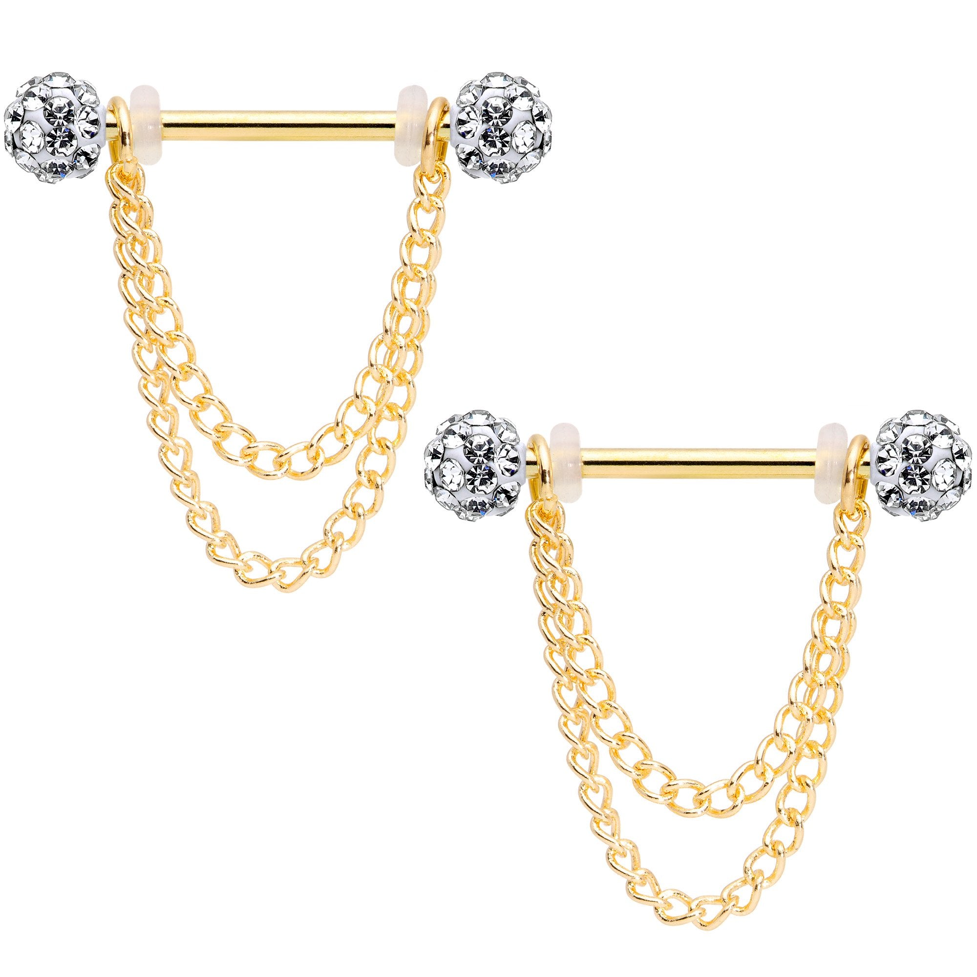 14G Clear Gem End Gold Tone Chain Dangle Nipple Ring Set