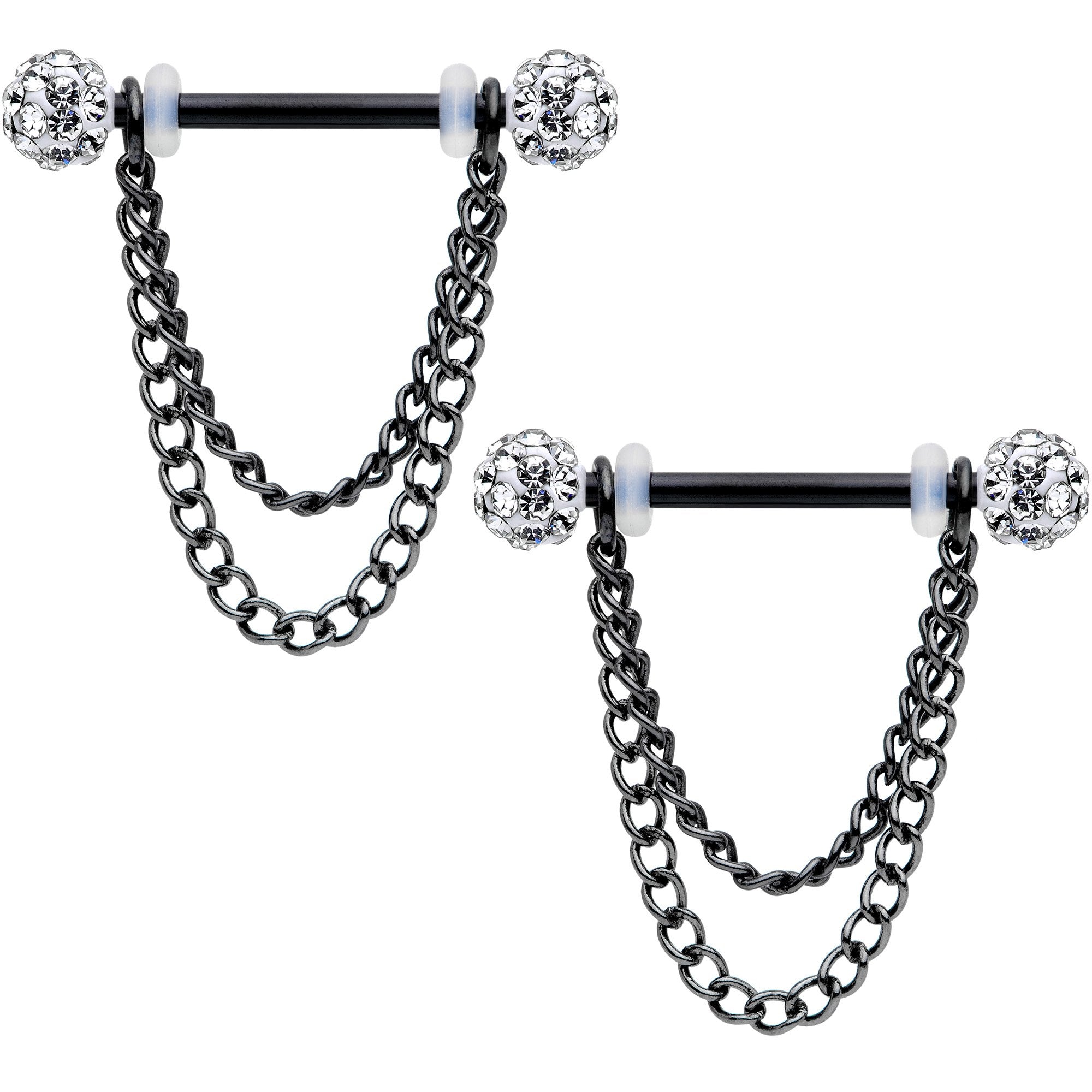 14 Gauge Clear Gem End Black Chain Dangle Nipple Ring Set