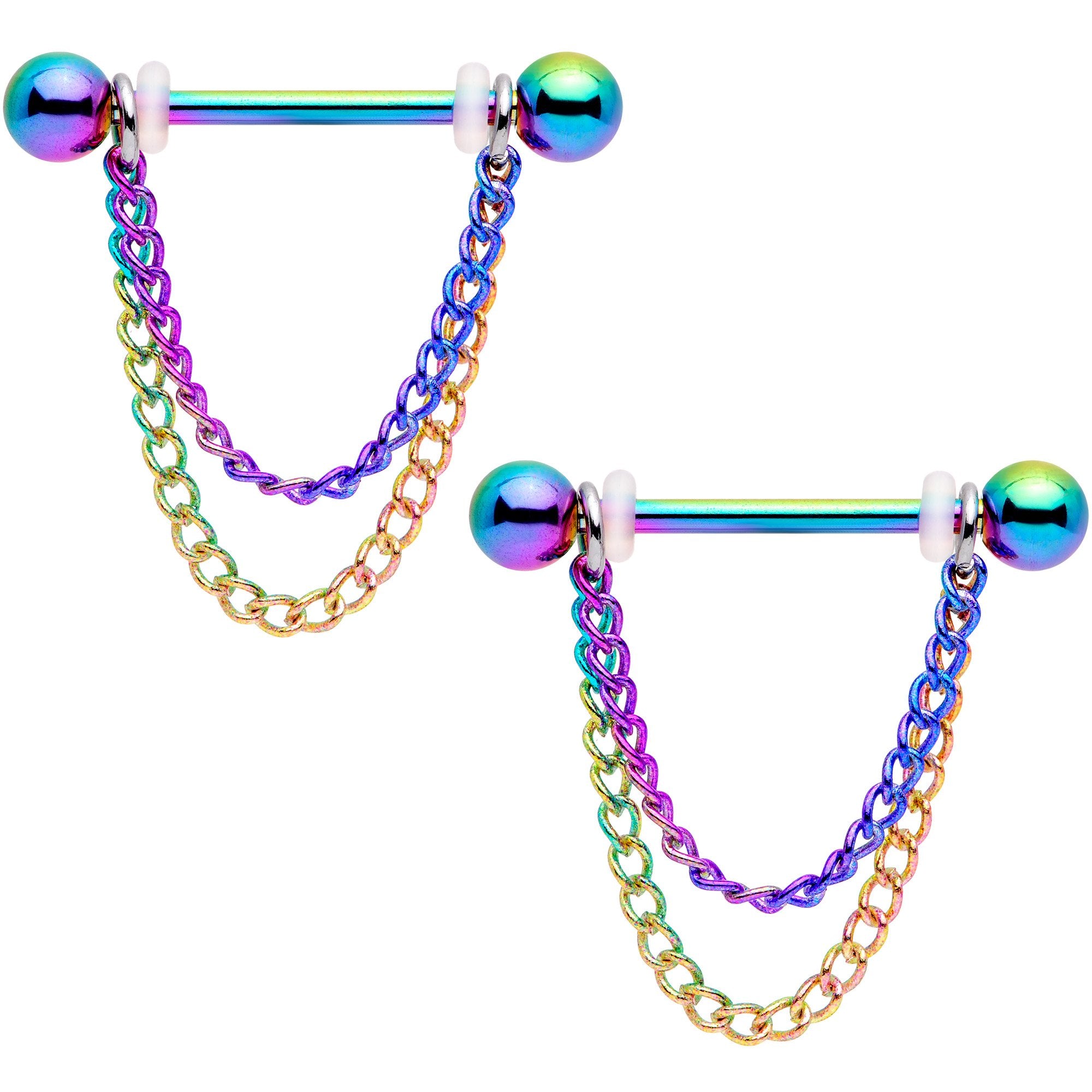 14 Gauge Rainbow Chain Dangle Nipple Ring Set