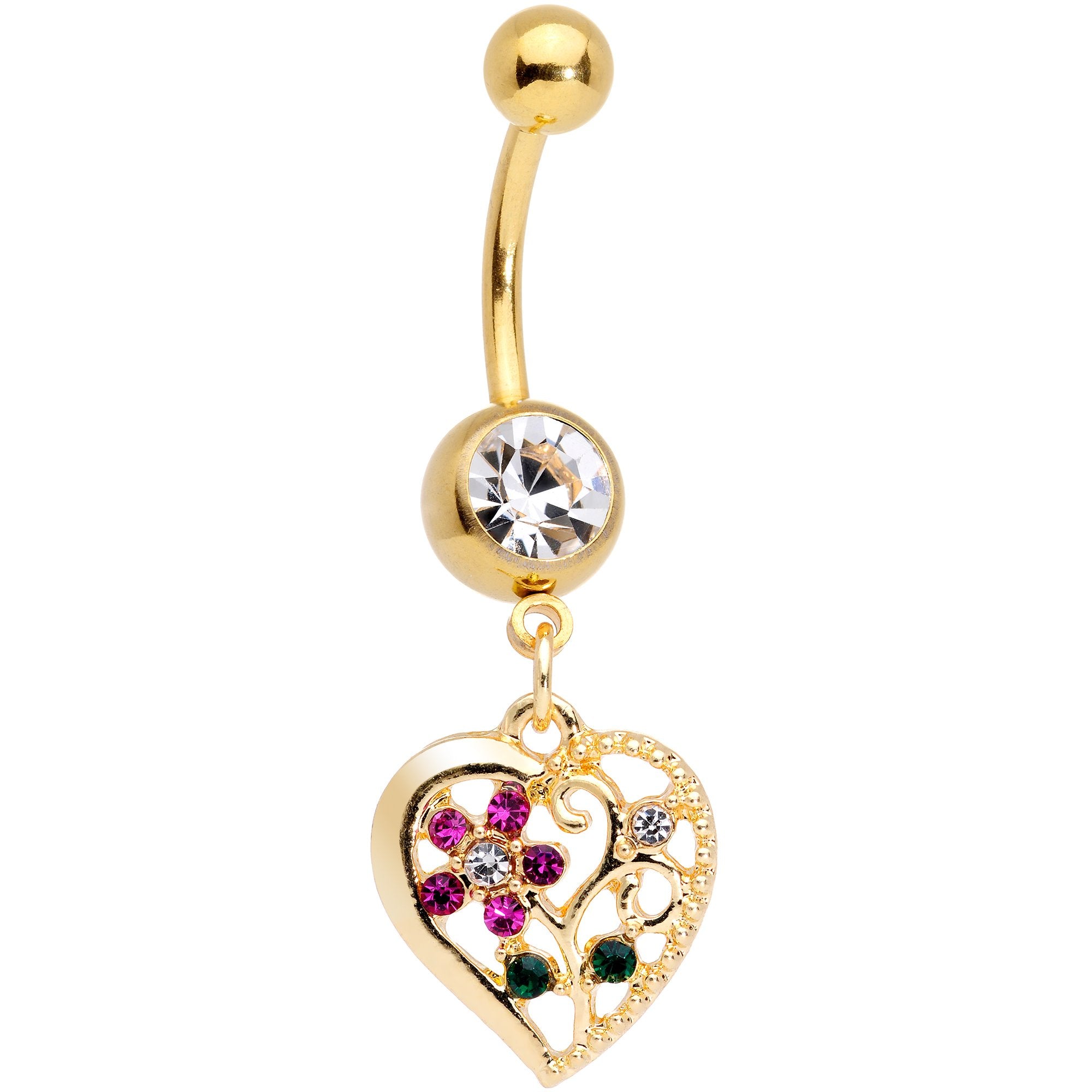 Clear Purple Gem Gold Tone Heart Spring Flower Dangle Belly Ring