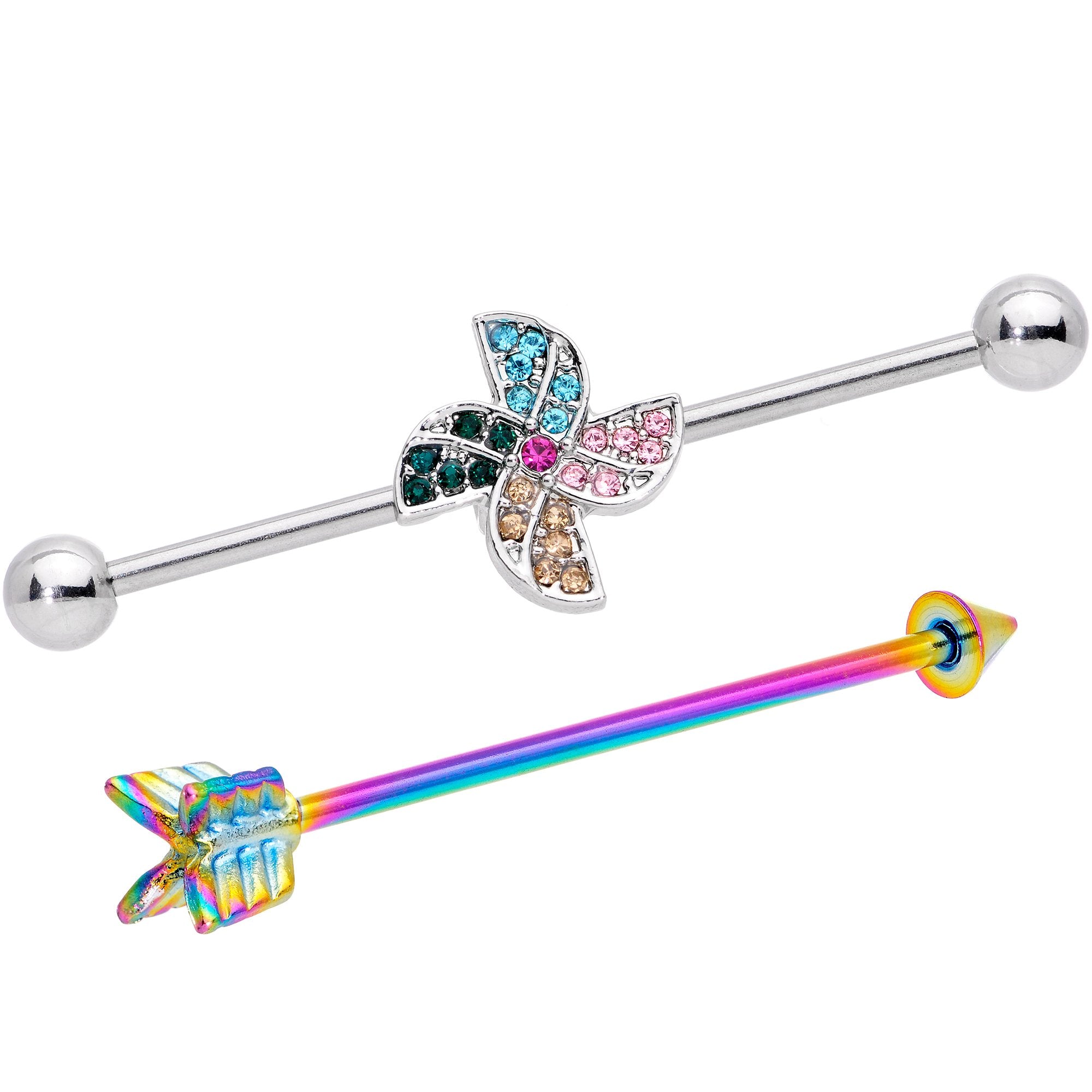 14G Rainbow Gem Pinwheel and Arrow Industrial Barbell Set 38mm