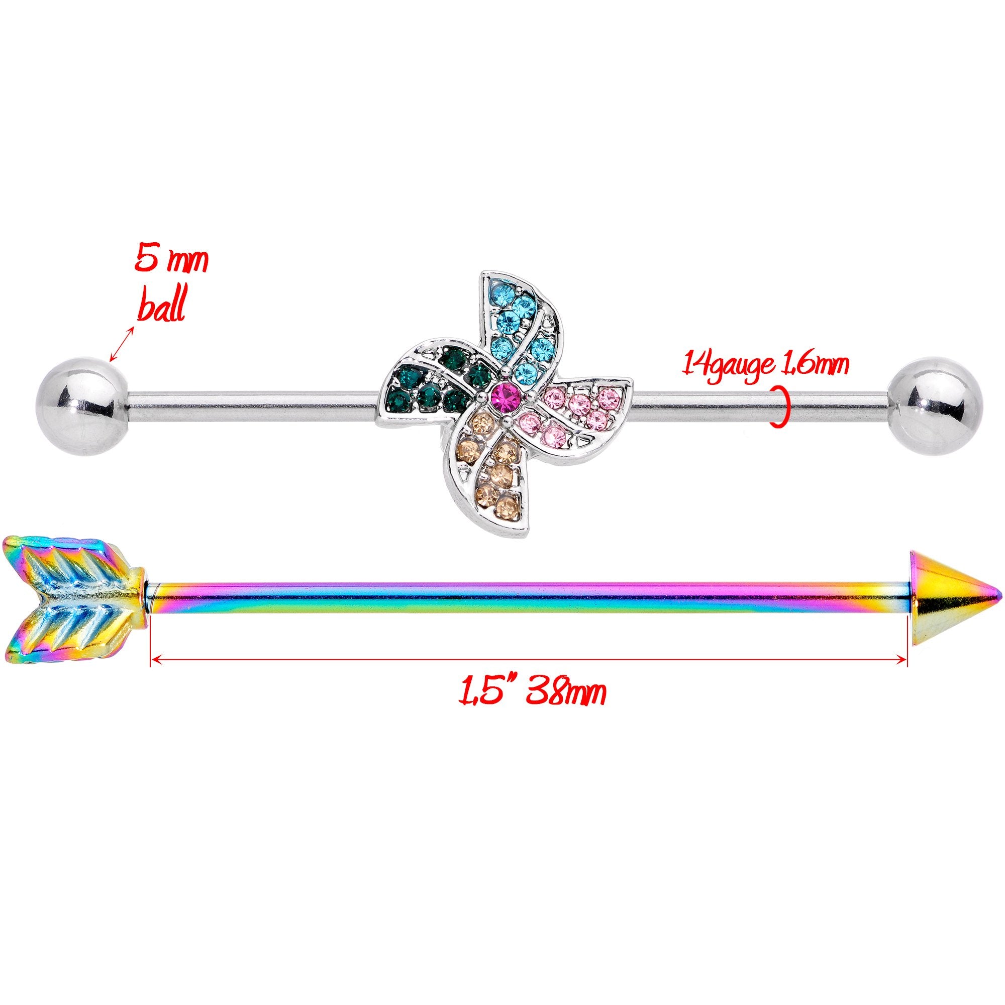 14G Rainbow Gem Pinwheel and Arrow Industrial Barbell Set 38mm
