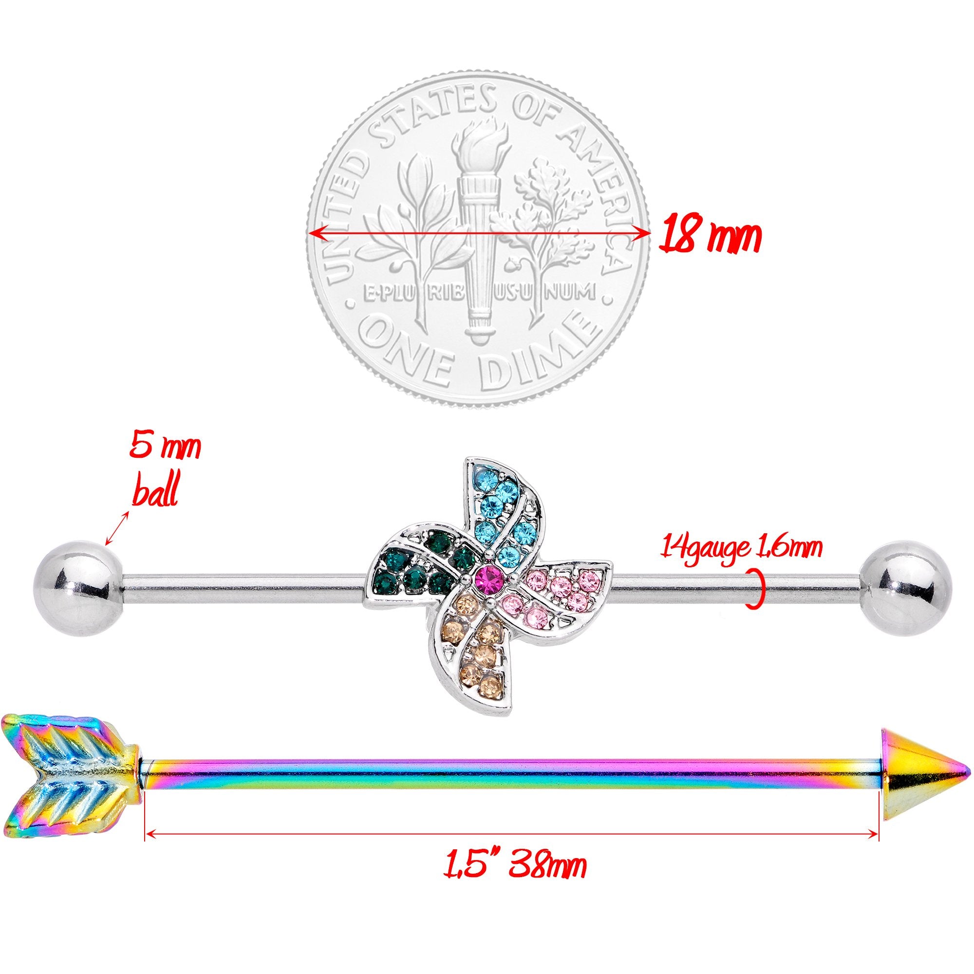 14G Rainbow Gem Pinwheel and Arrow Industrial Barbell Set 38mm