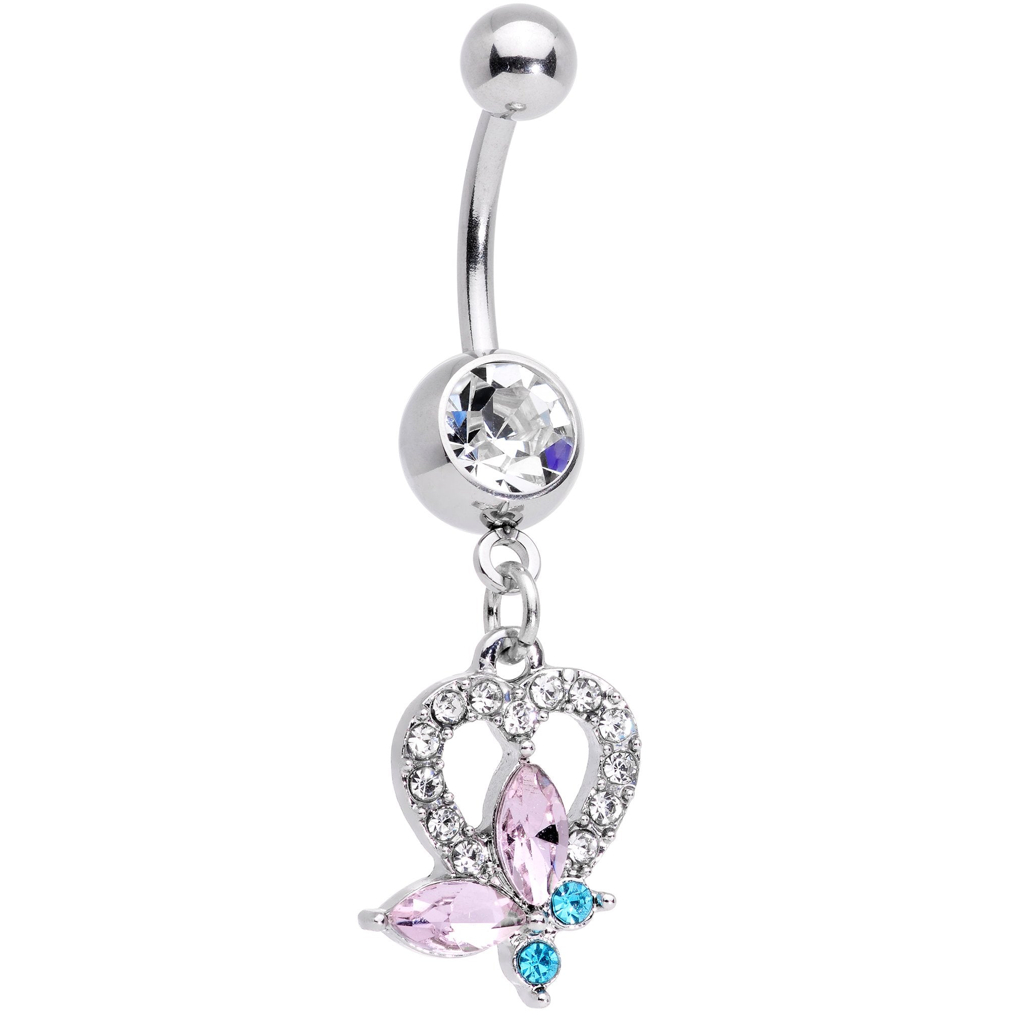Clear Pink Blue Gem Spring Butterfly Heart Dangle Belly Ring