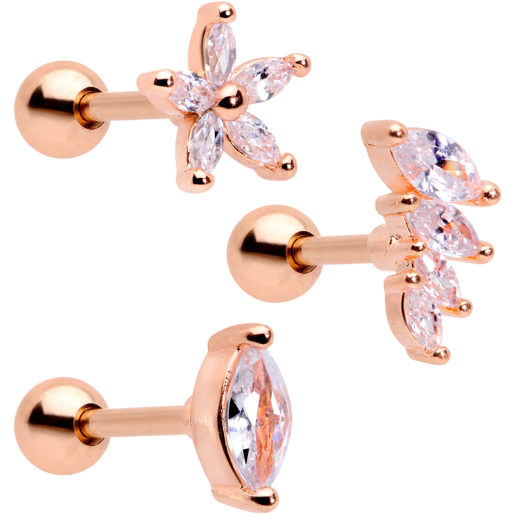 16G 1/4 Clear CZ Gem Rose Gold Tone Geometric Tragus Set of 3