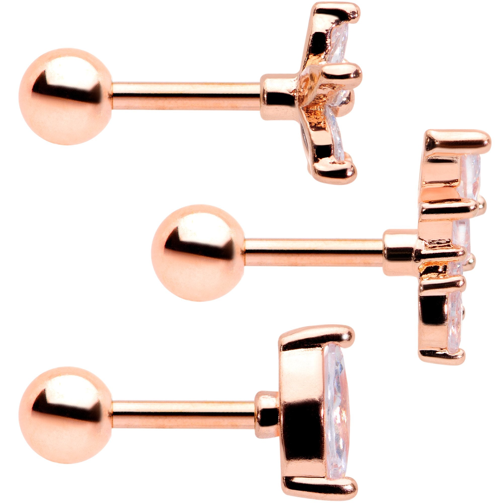 16G 1/4 Clear CZ Gem Rose Gold Tone Geometric Tragus Set of 3
