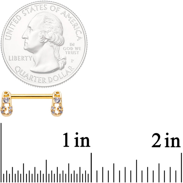 14 Gauge 9/16 Clear CZ Gem Gold Tone Safety Pin Nipple Ring Set BodyCandy