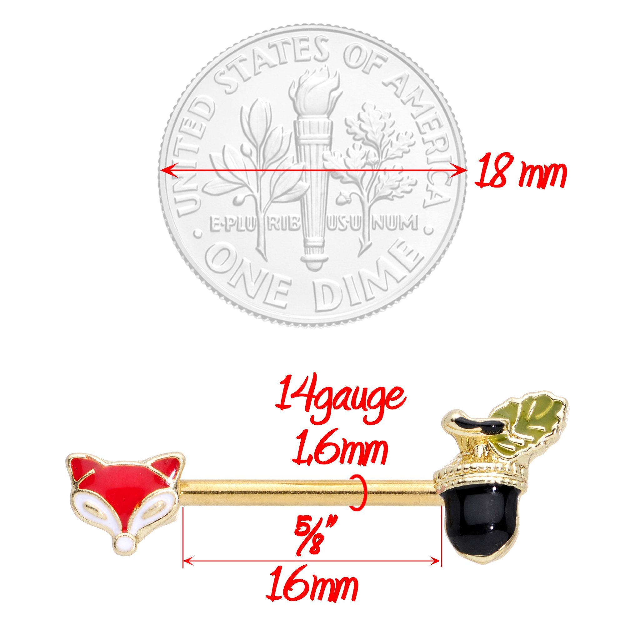 14 Gauge 9/16 Gold Tone Fox and Acorn Barbell Nipple Ring Set