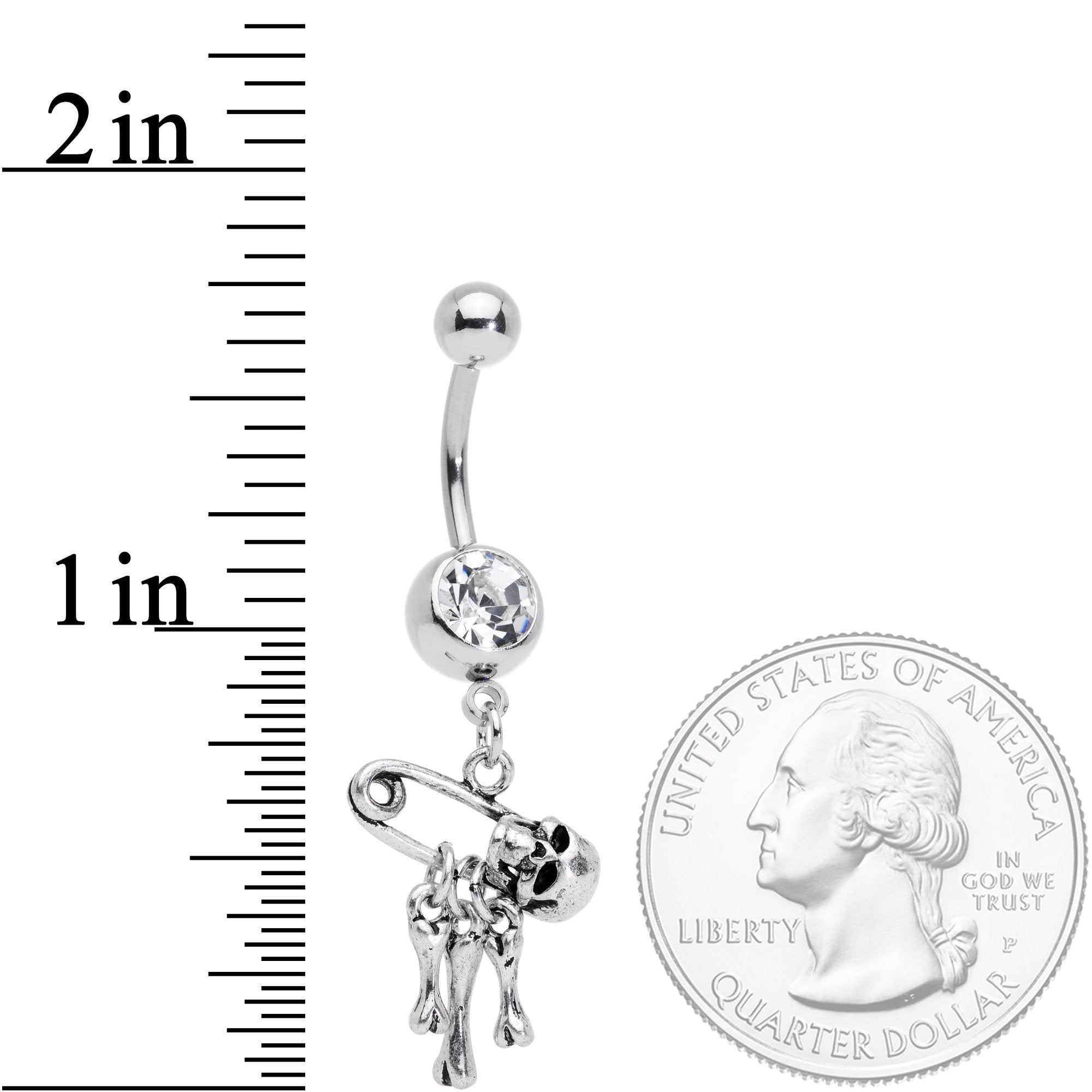 Clear Gem Skull Bones Safety Pin Halloween Dangle Belly Ring