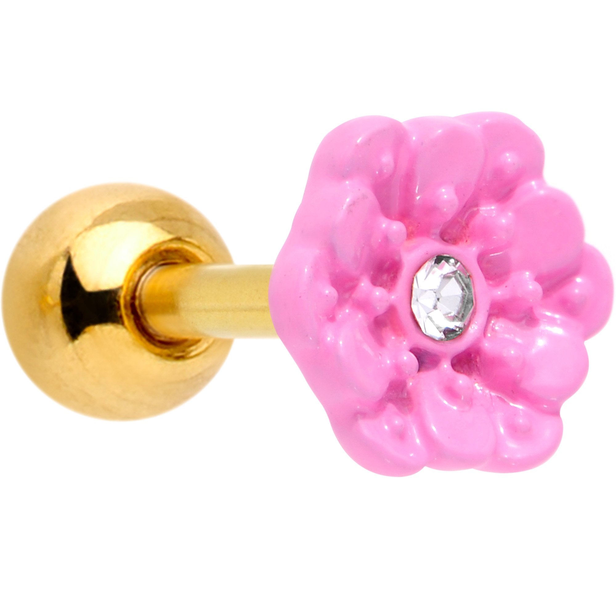 16G 1/4 Clear Gem Gold Tone Pink Flower Tragus Cartilage Earring