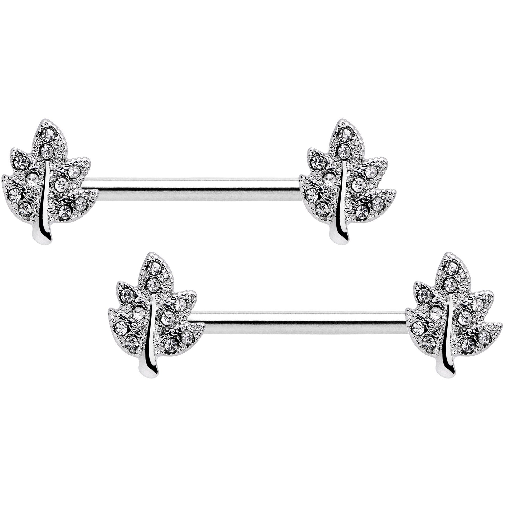 14G 9/16 Clear Gem Maple Leaf Barbell Nipple Ring Set