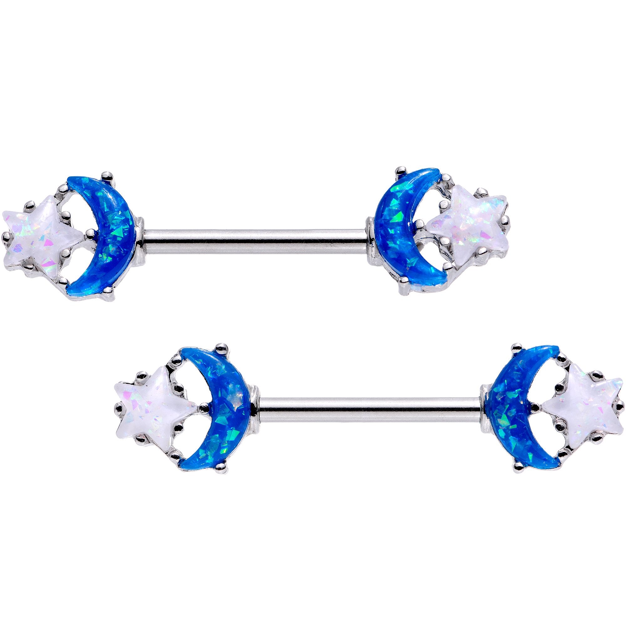 14G 9/16 Blue White Faux Opal Starry Moon Barbell Nipple Ring Set