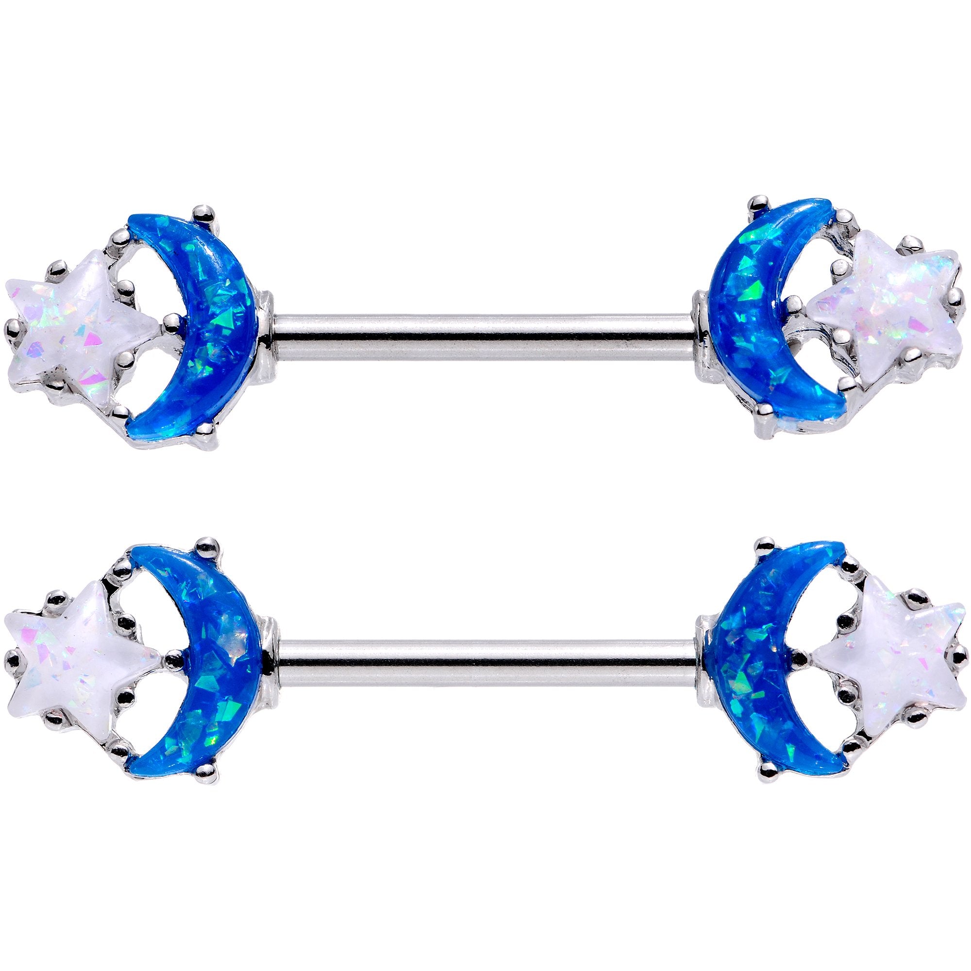 14G 9/16 Blue White Faux Opal Starry Moon Barbell Nipple Ring Set