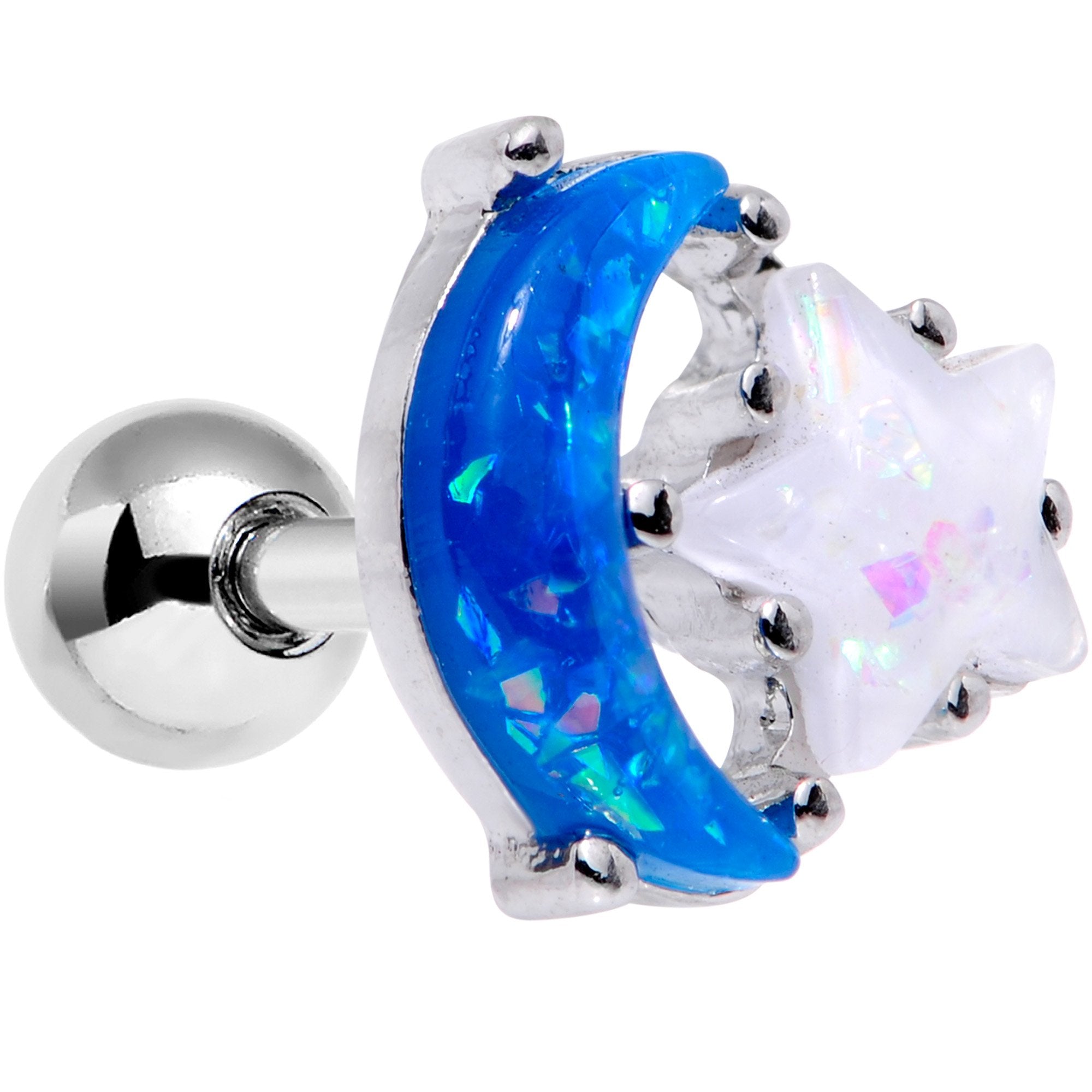16G 1/4 Blue White Faux Opal Star Moon Cartilage Tragus Earring