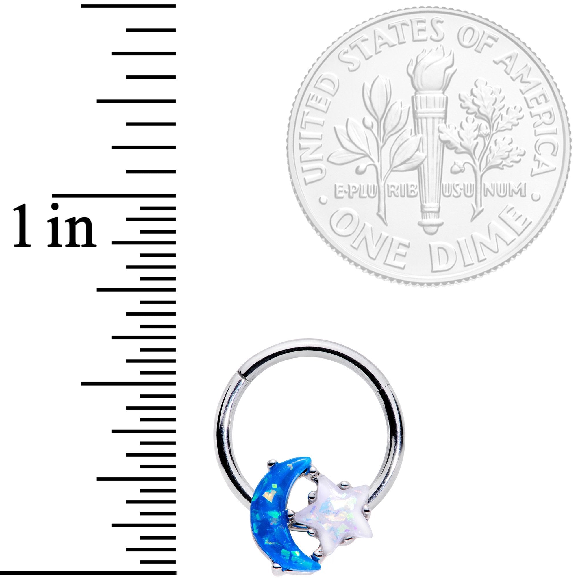 16G 3/8 Blue White Faux Opal Starry Moon Hinged Segment Ring