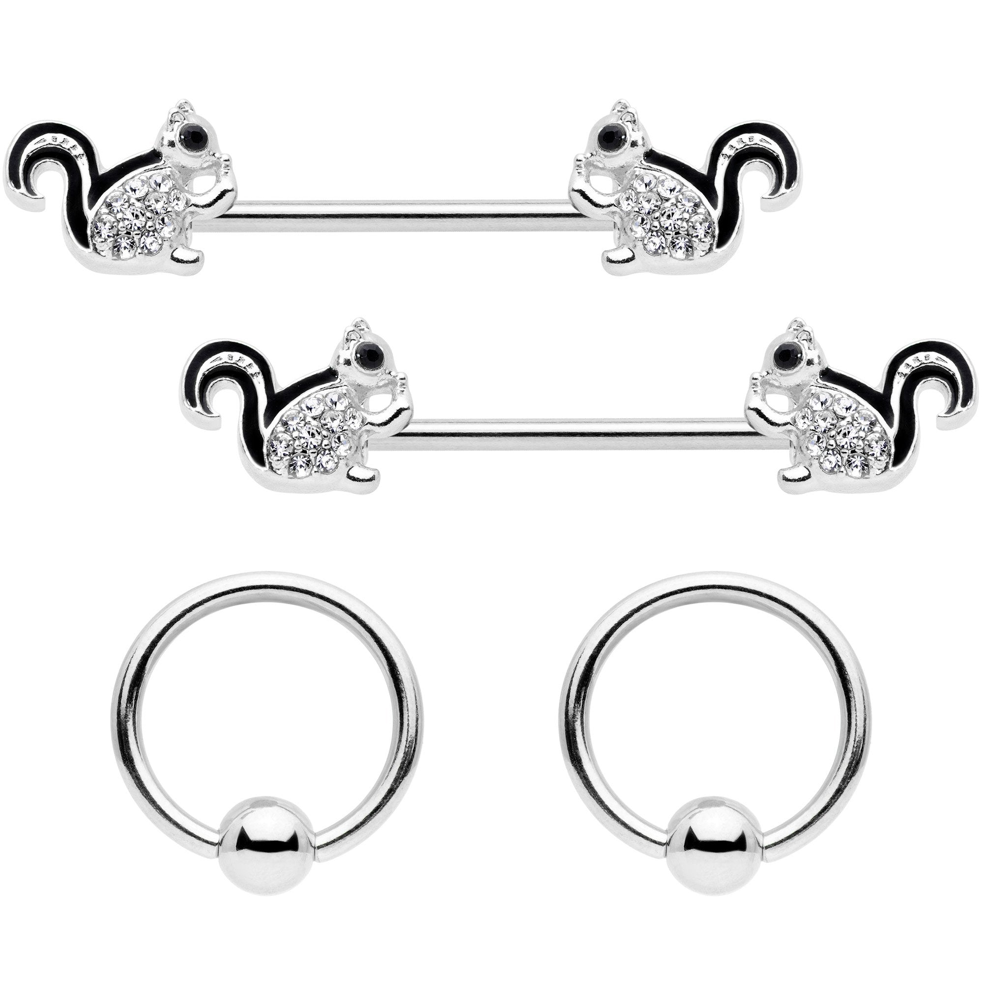 14G Clear Gem Squirrel BCR Barbell Nipple Ring Set of 4