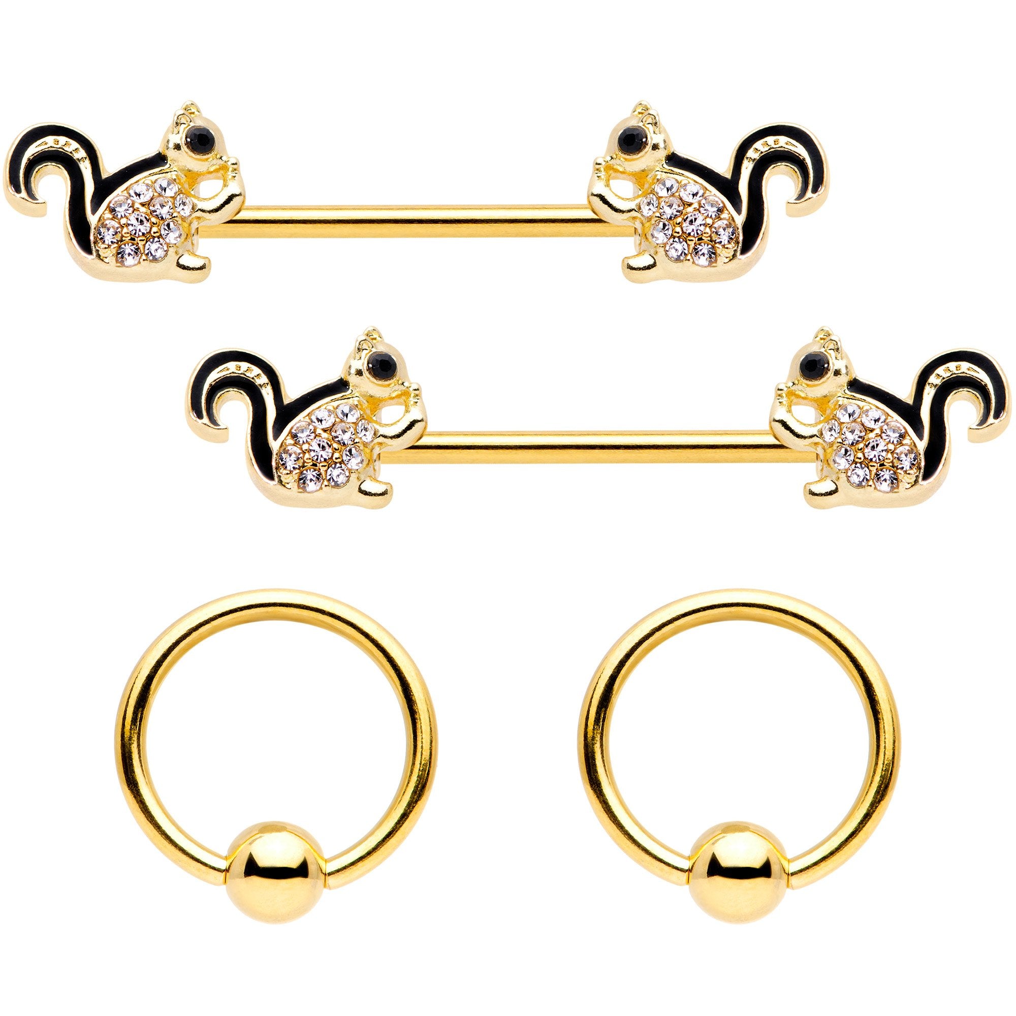 14G Clear Gem Gold Tone Squirrel BCR Barbell Nipple Ring Set of 4