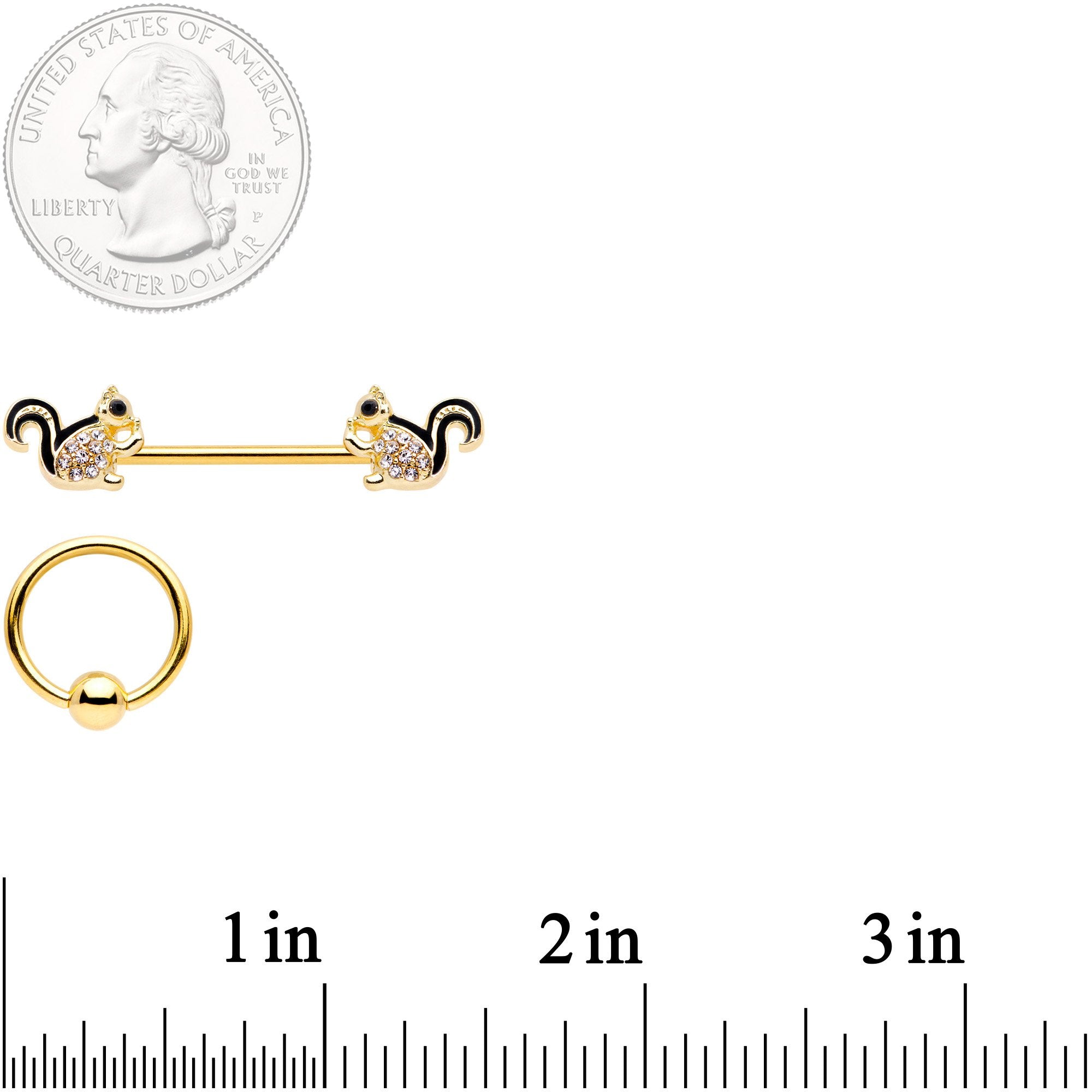 14 Gauge Clear Gem Gold Tone Squirrel BCR Barbell Nipple Ring Set of 4
