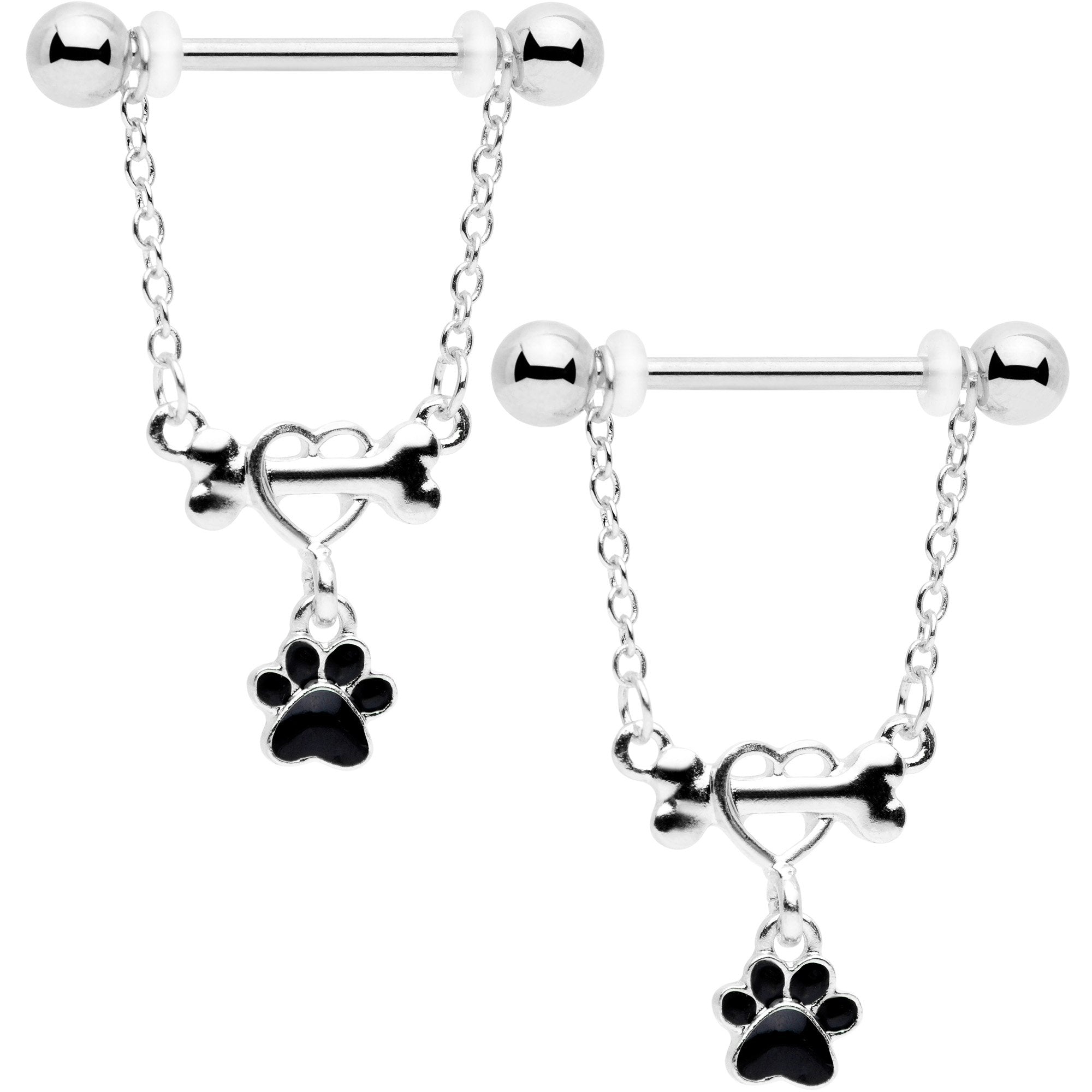 14G Love My Dog Paw Print Dangle Nipple Ring Set