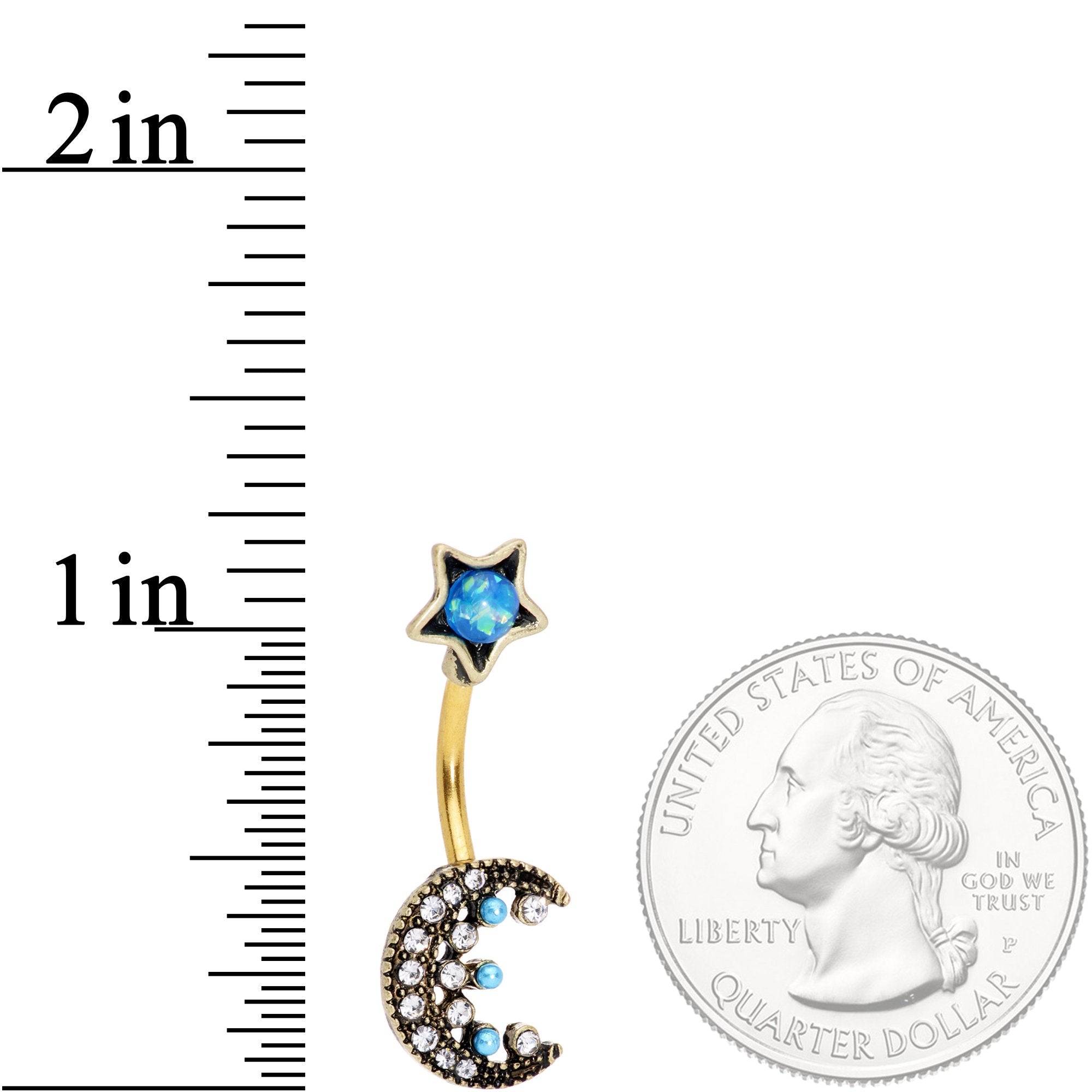 Aqua Faux Opal Gold Tone Orb Crescent Moon Reversible Belly Ring