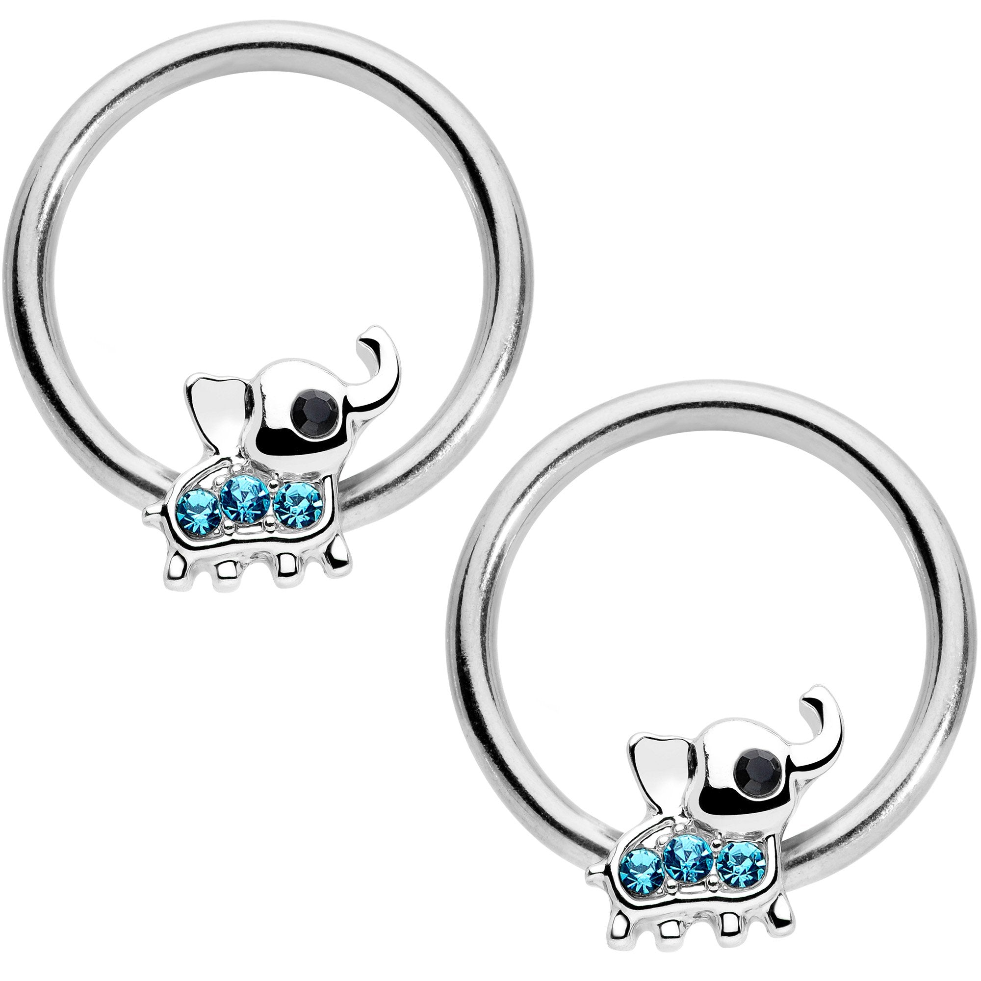 14G 1/2 Aqua Gem Elephant BCR Captive Nipple Ring Set