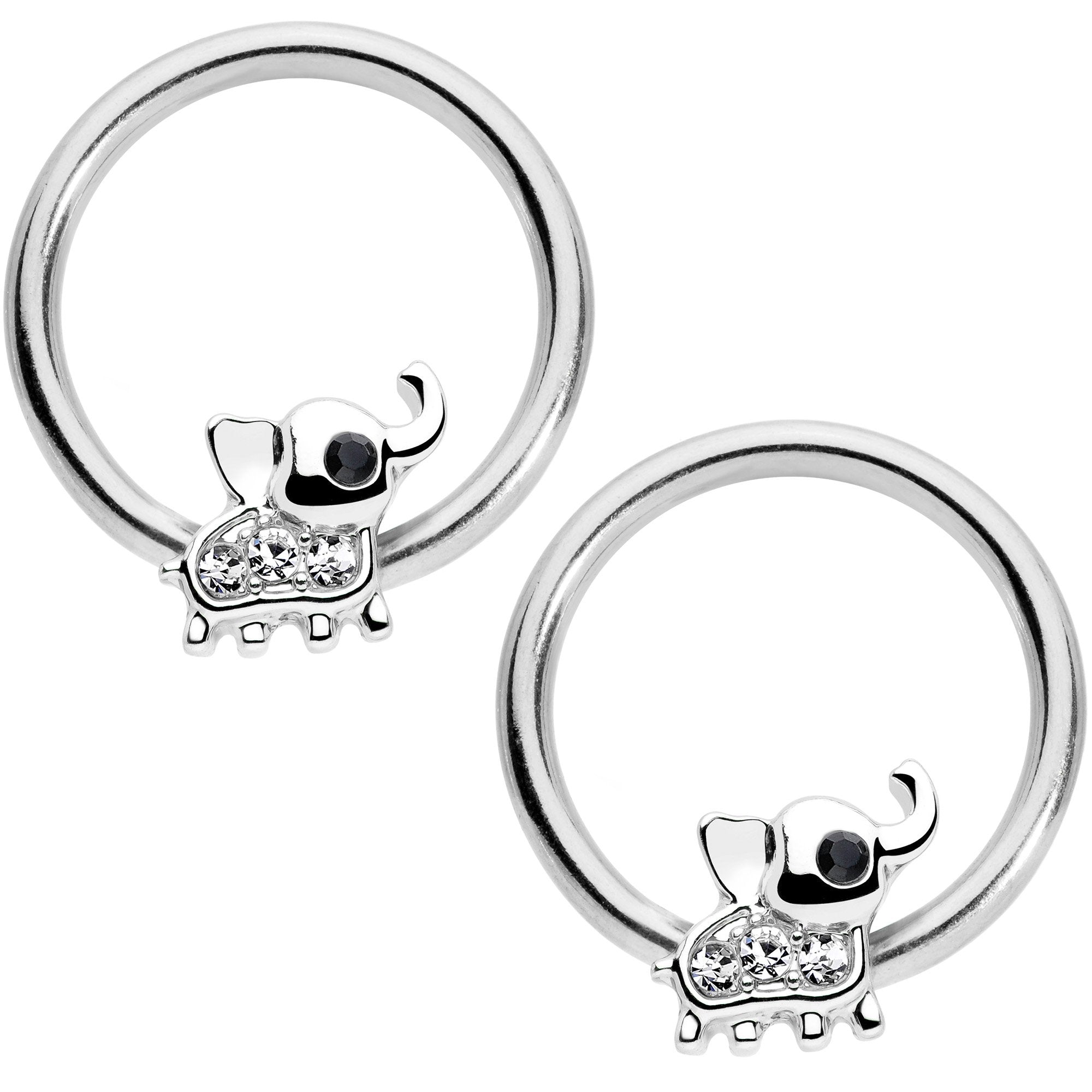 14G 1/2 Clear Gem Elephant BCR Captive Nipple Ring Set