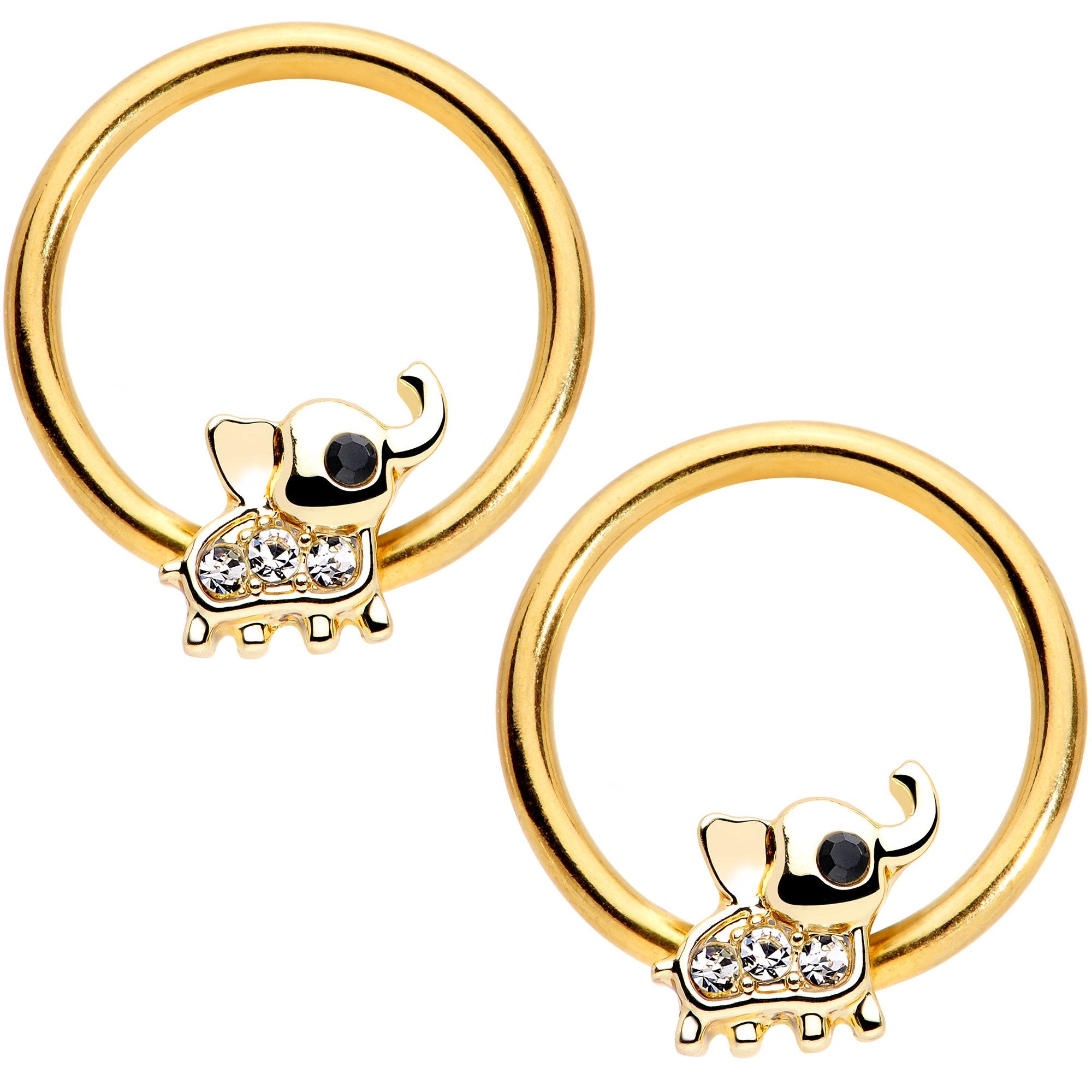 14G 1/2 Clear Gem Gold Tone Elephant BCR Captive Nipple Ring Set