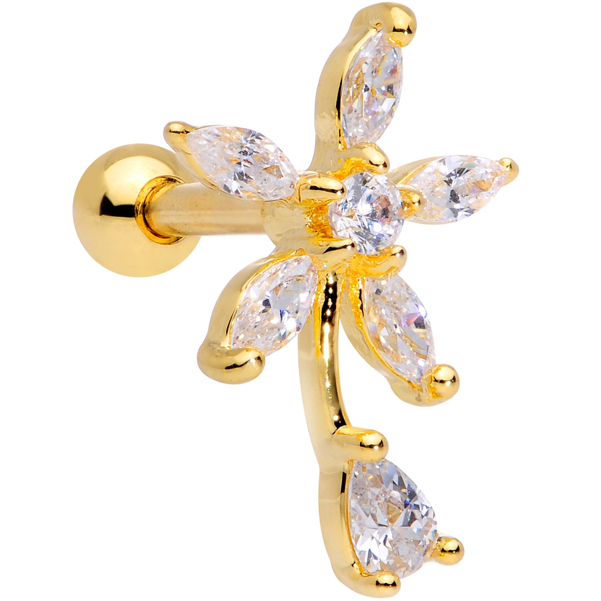 16G 1/4 Clear CZ Gem Gold Tone Flower Cartilage Tragus