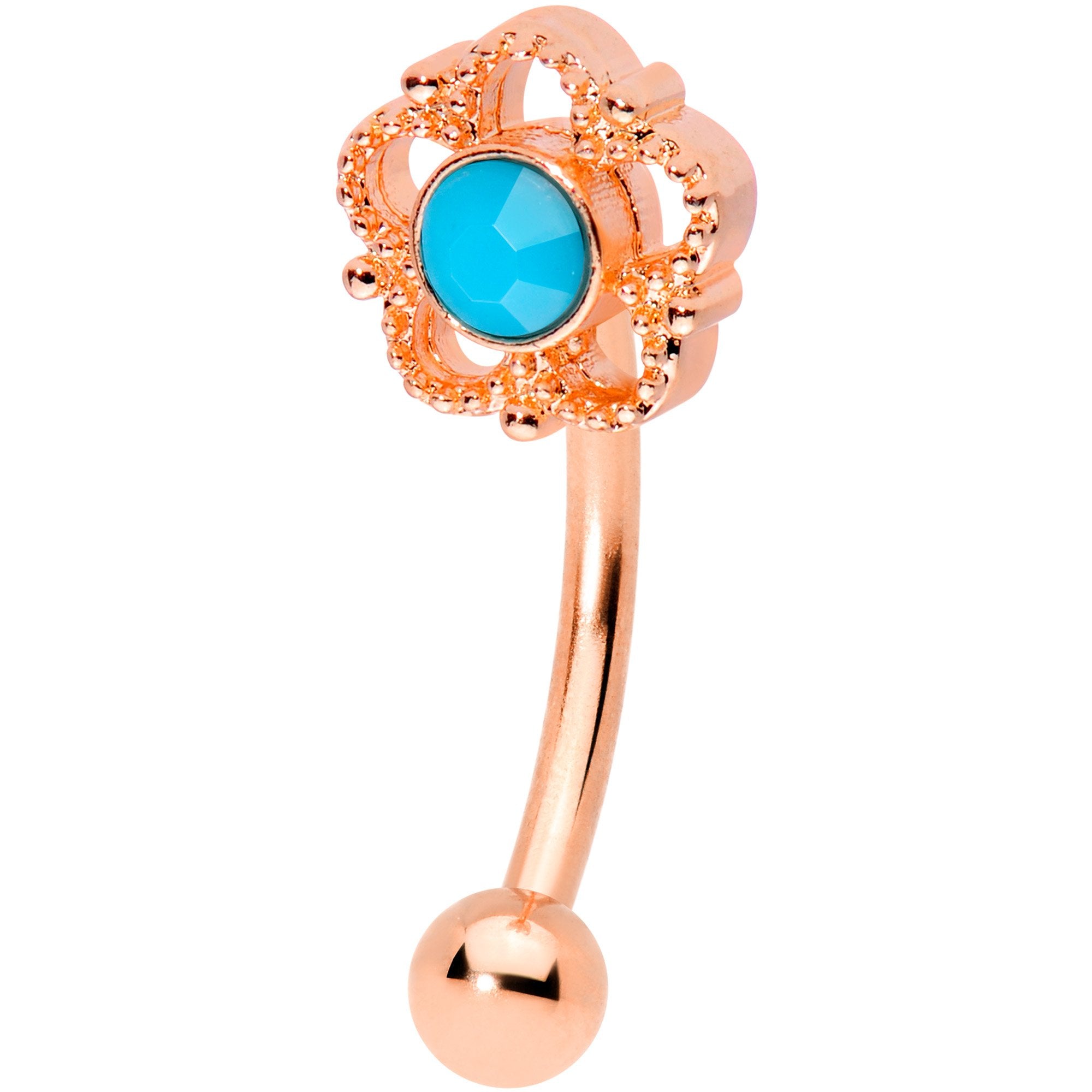 16 Gauge 5/16 Faux Turquoise Rose Gold Tone Flower Curved Eyebrow Ring
