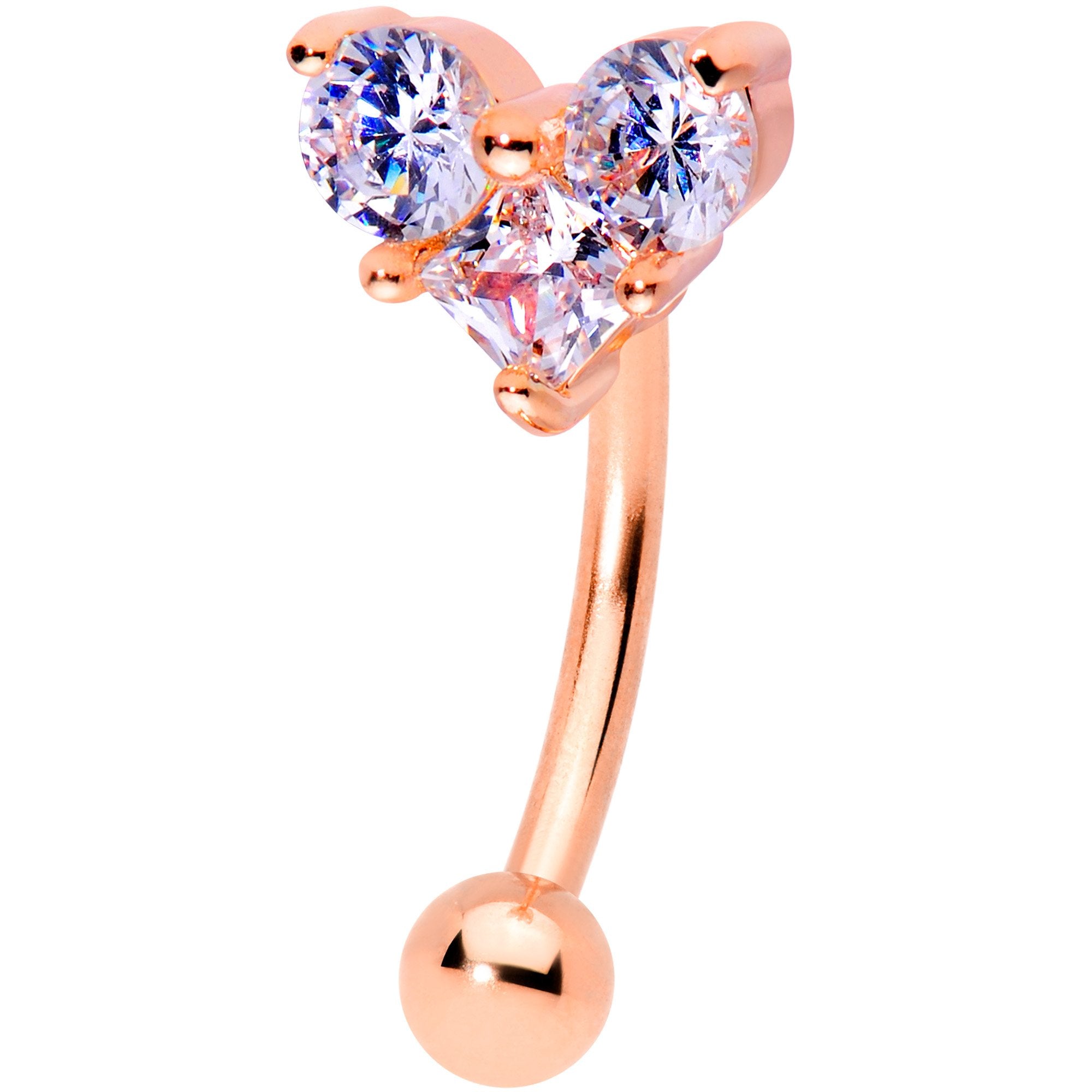 16G 5/16 Clear Gem Trio Rose Gold Tone Heart Curved Eyebrow Ring