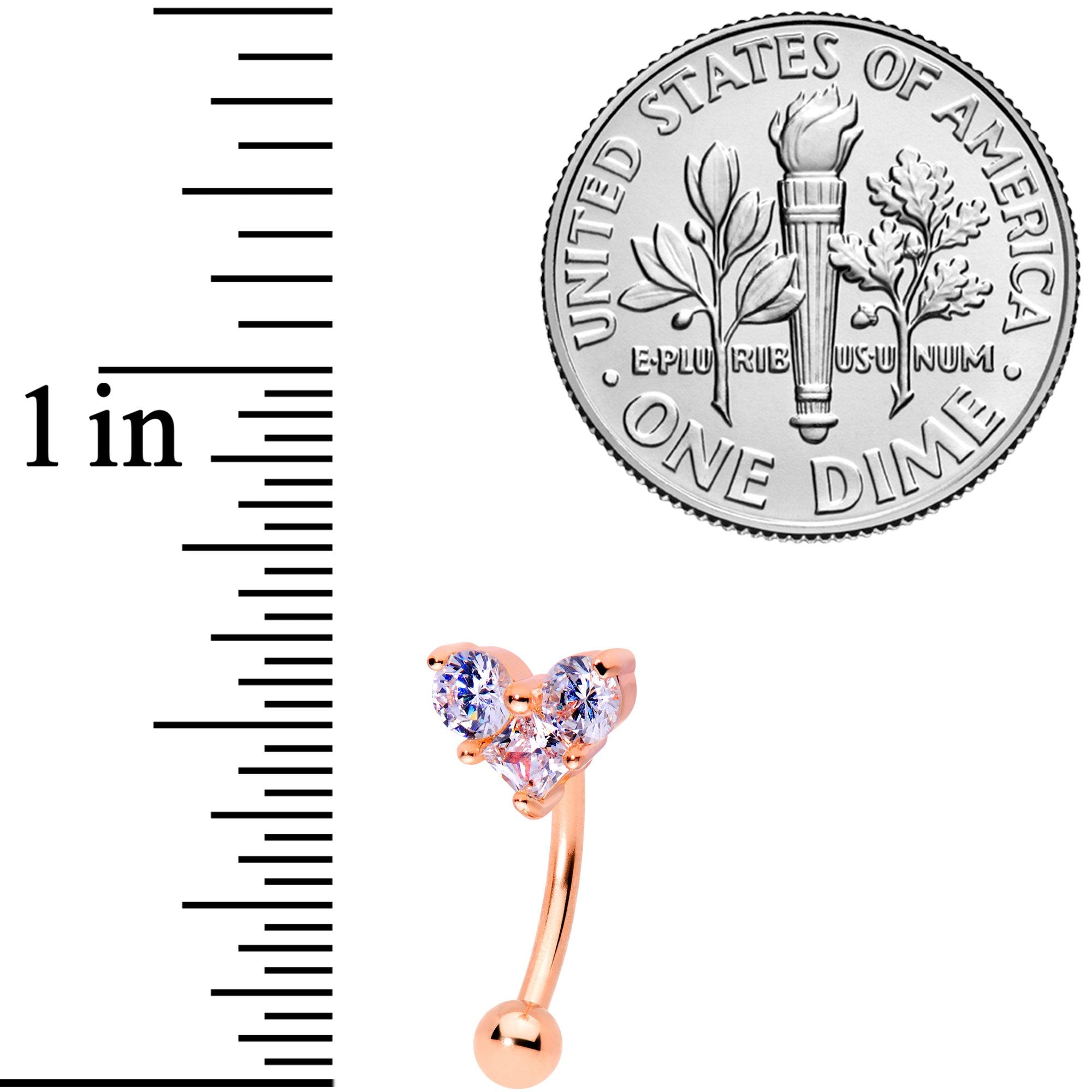 16G 5/16 Clear Gem Trio Rose Gold Tone Heart Curved Eyebrow Ring