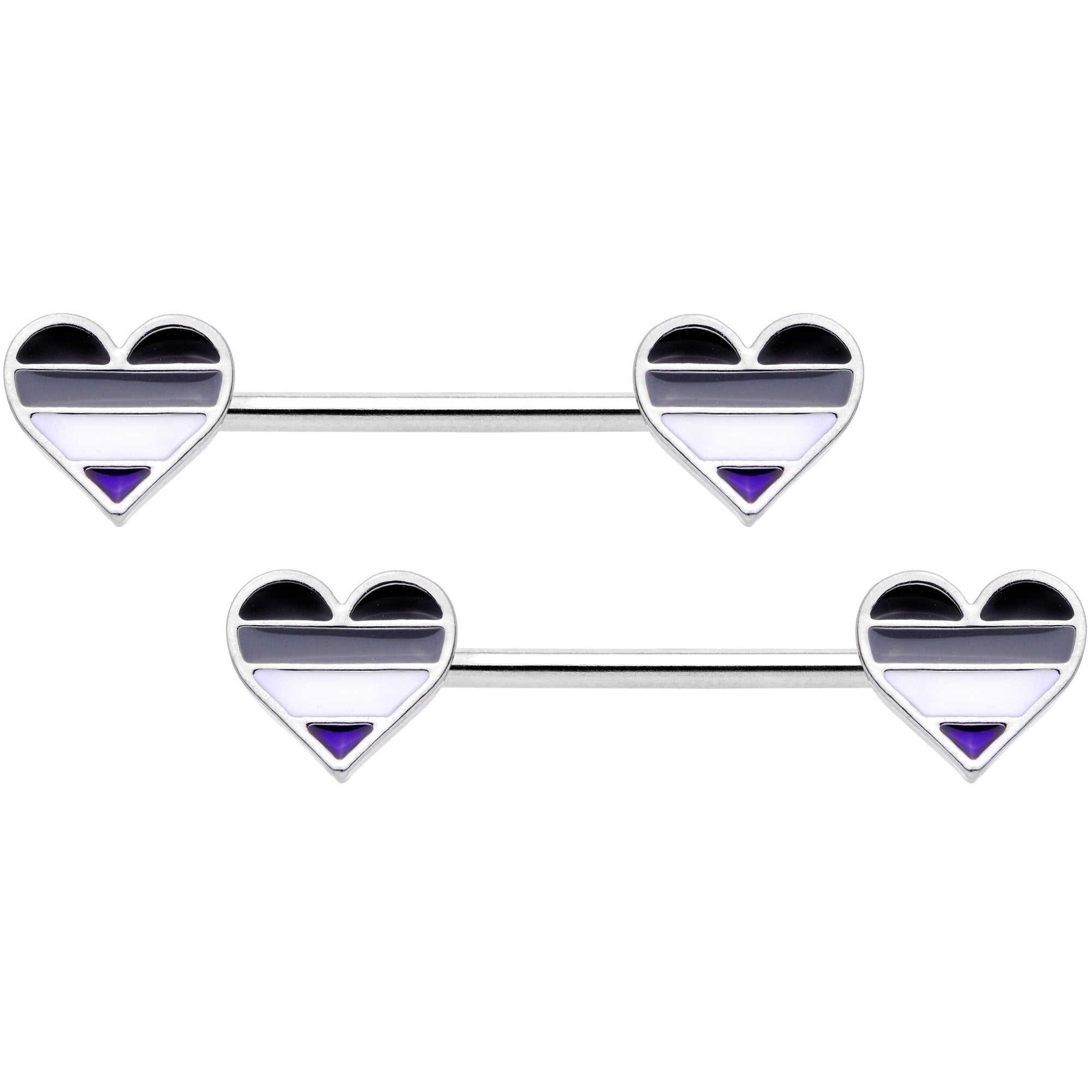 14G Black Grey White Asexual Pride Heart Barbell Nipple Ring Set