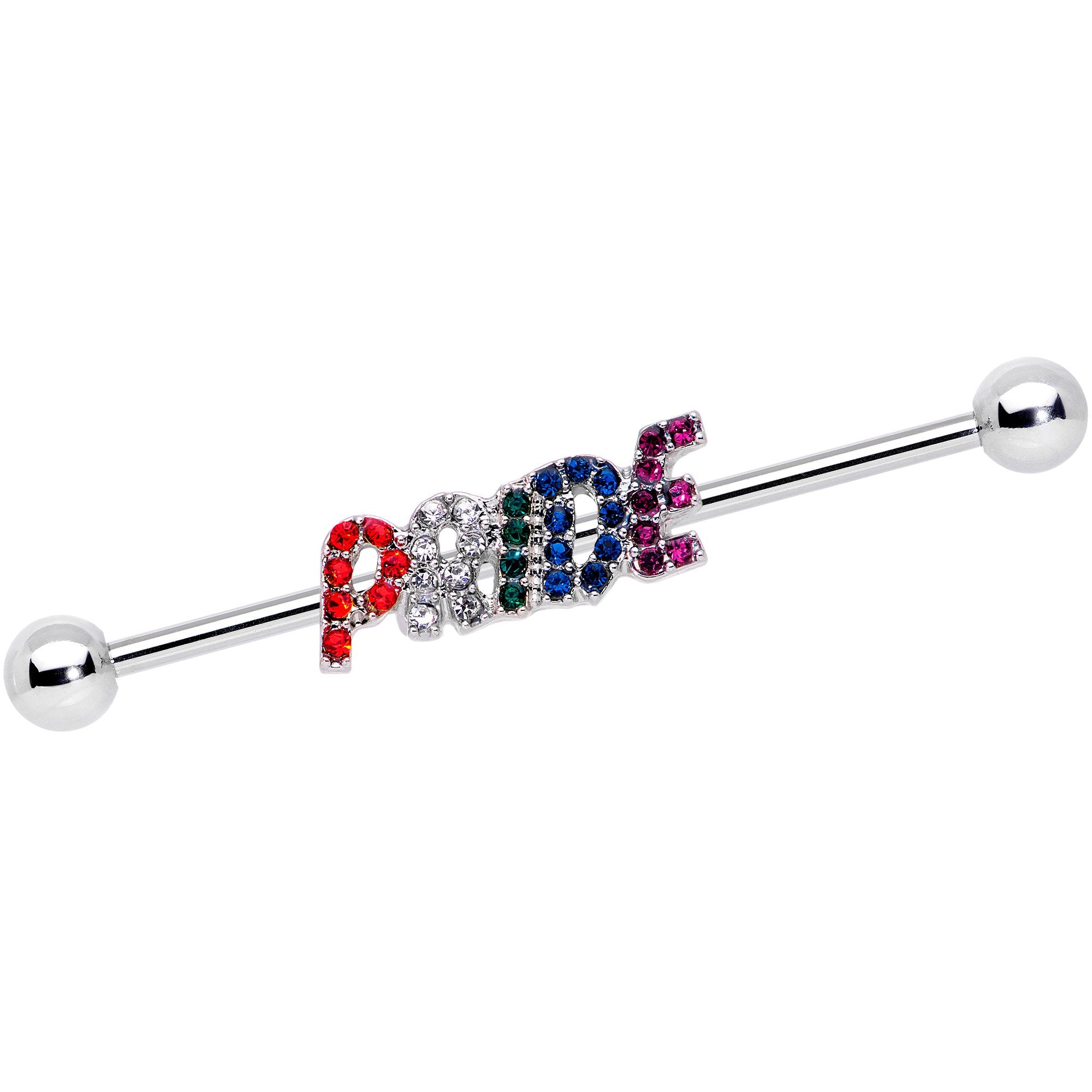 14G Rainbow Gem Text Gay Pride Barbell Industrial 38mm