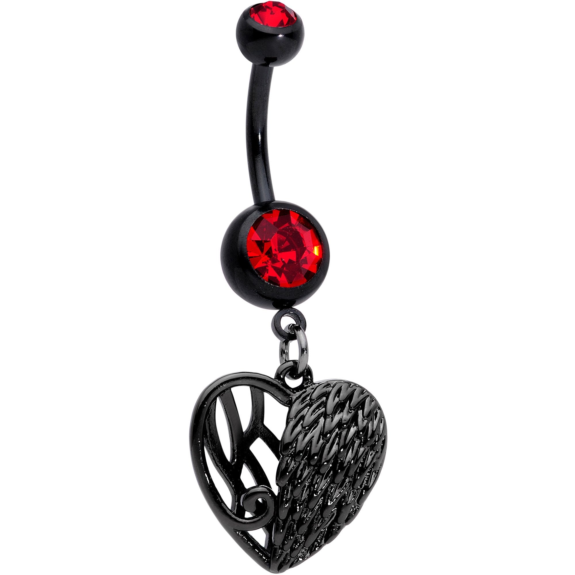 Red Gem Black Angels Wing Heart Dangle Belly Ring