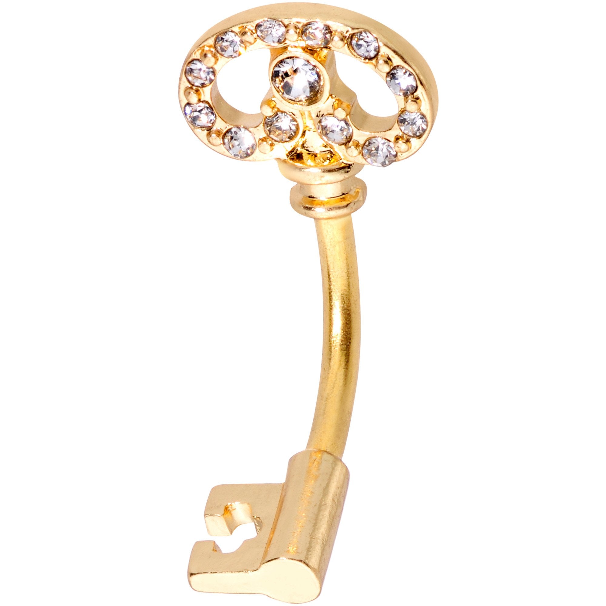 Clear CZ Gem Gold Tone Key to My Love Double Mount Belly Ring
