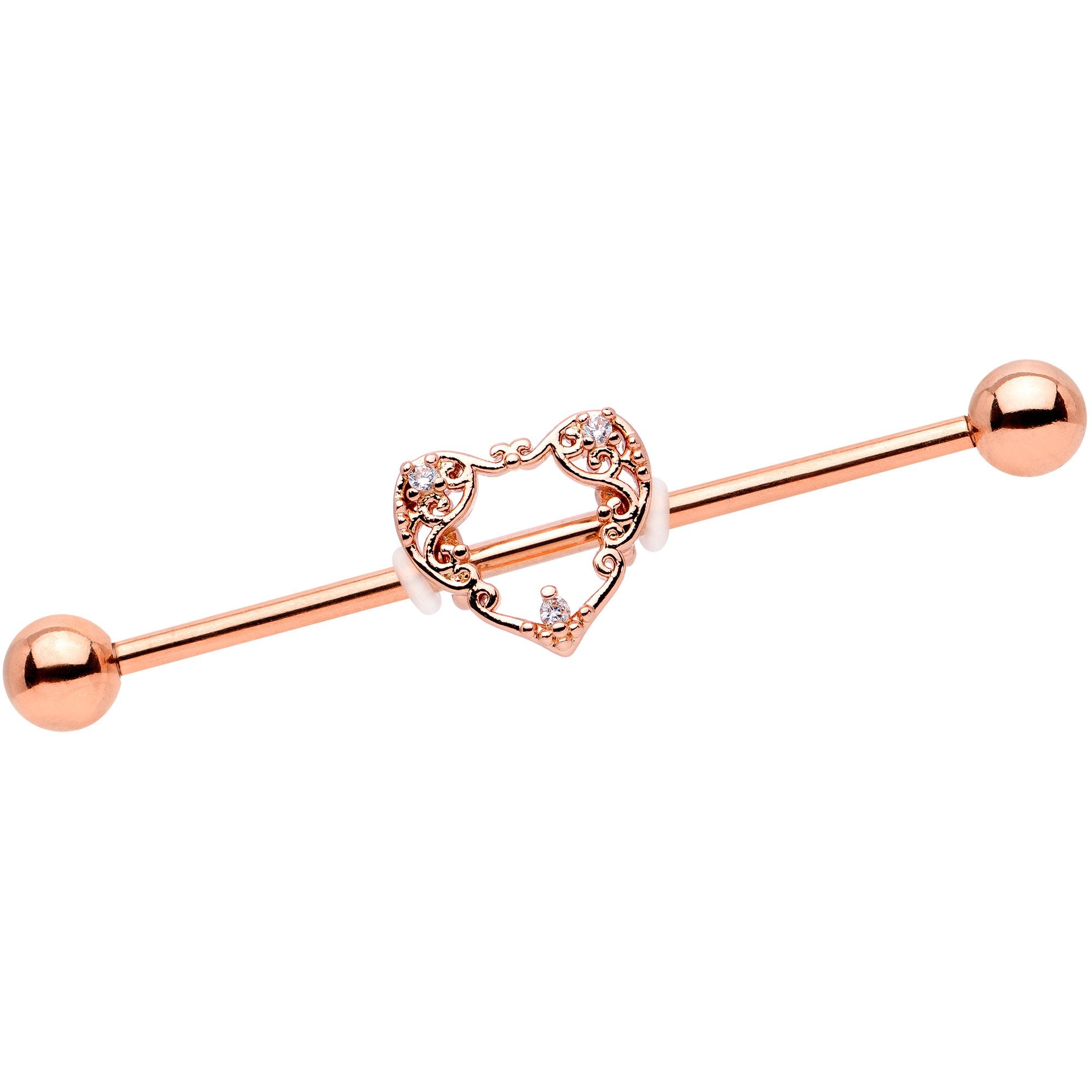 14G Clear CZ Gem Rose Gold Tone Scrollwork Heart Industrial Barbell