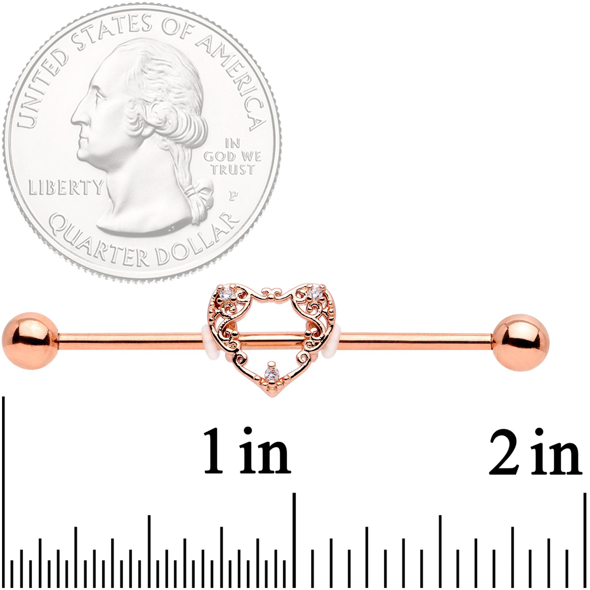 14G Clear CZ Gem Rose Gold Tone Scrollwork Heart Industrial Barbell