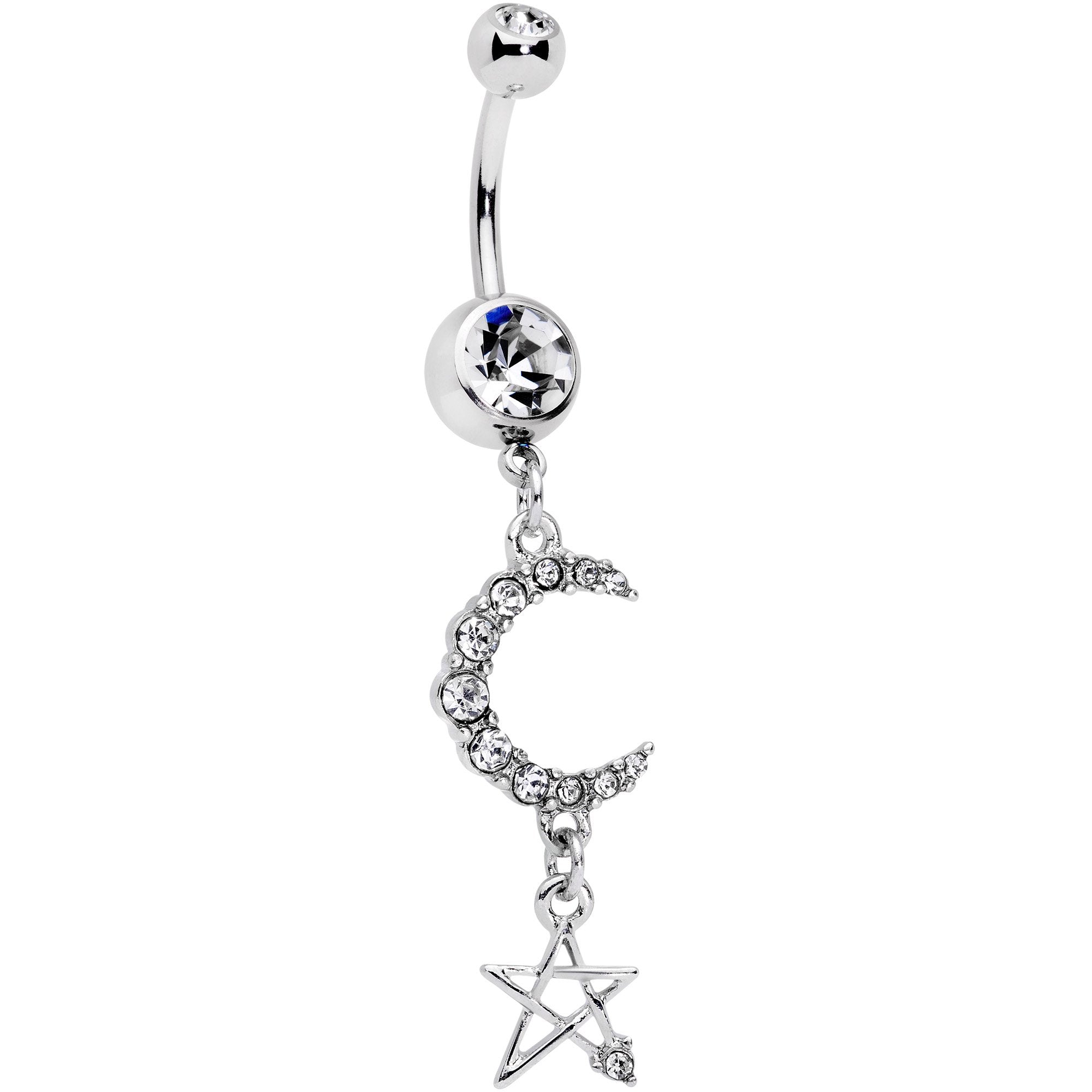 Clear Gem Moonlight Magic Crescent Moon Star Dangle Belly Ring
