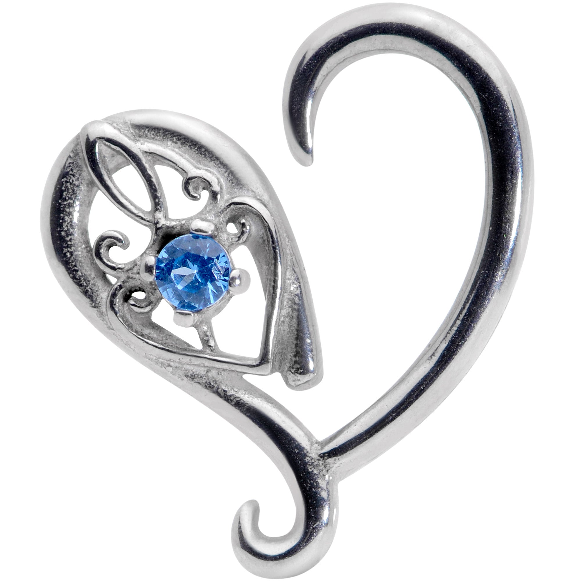16 Gauge 3/8 Blue Gem Valentines Day Heart Right Ear Cartilage Earring