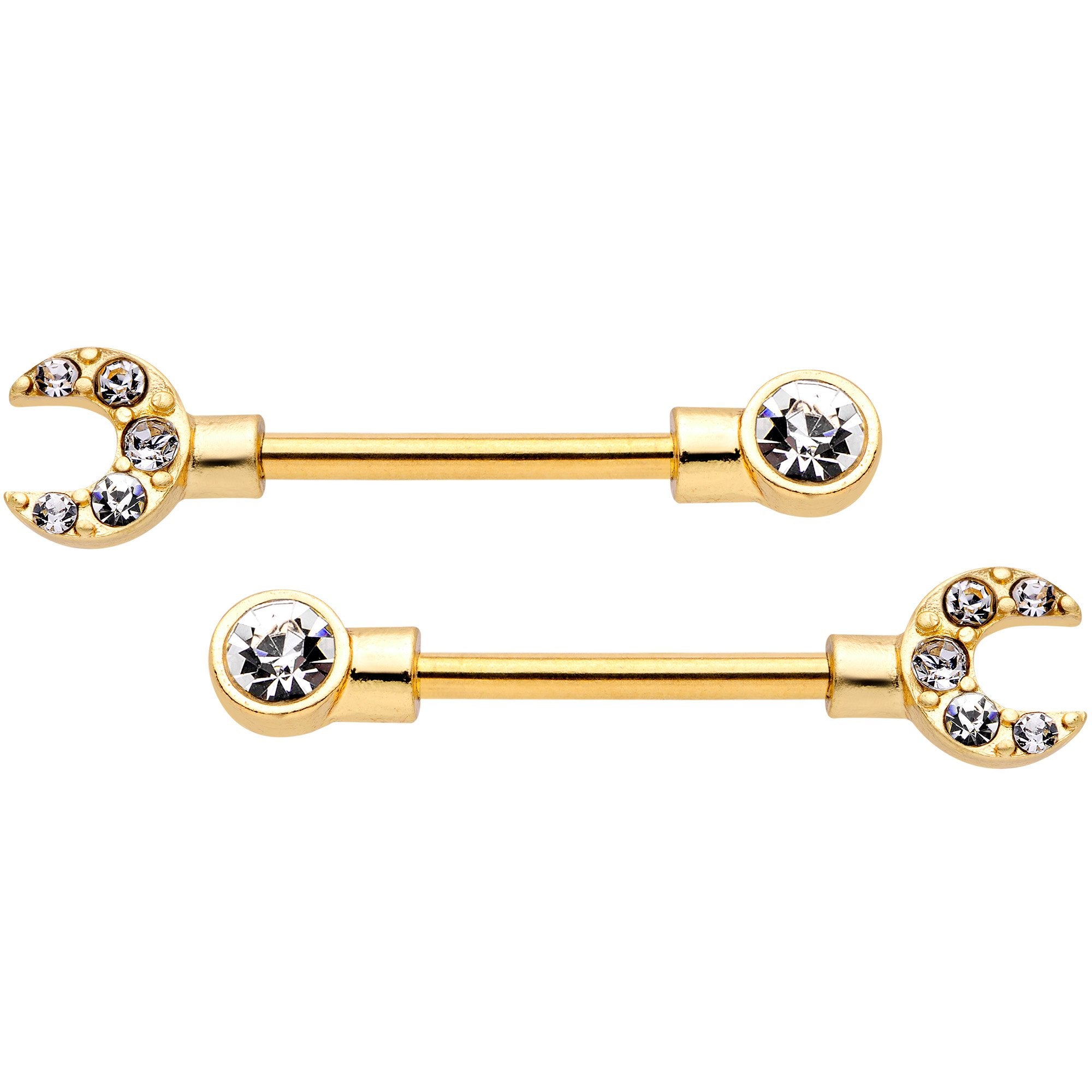 14 Gauge Clear CZ Gem Gold Tone Crescent Wrench Barbell Nipple Ring Set