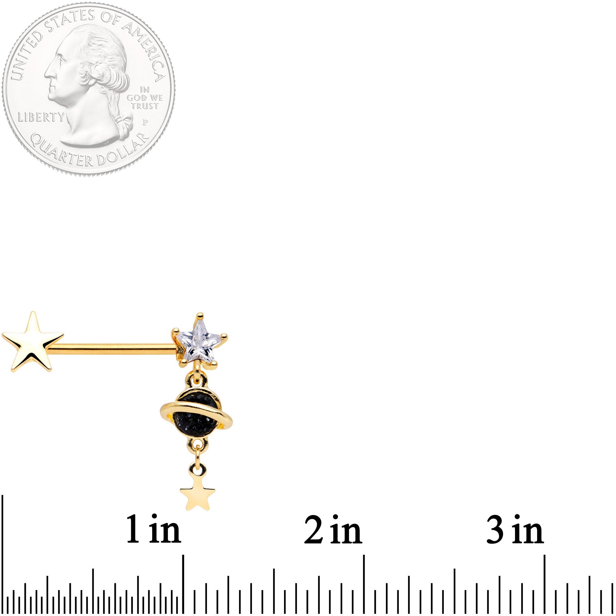 14G 9/16 Clear CZ Gem Gold Tone Saturn Barbell Nipple Ring Set