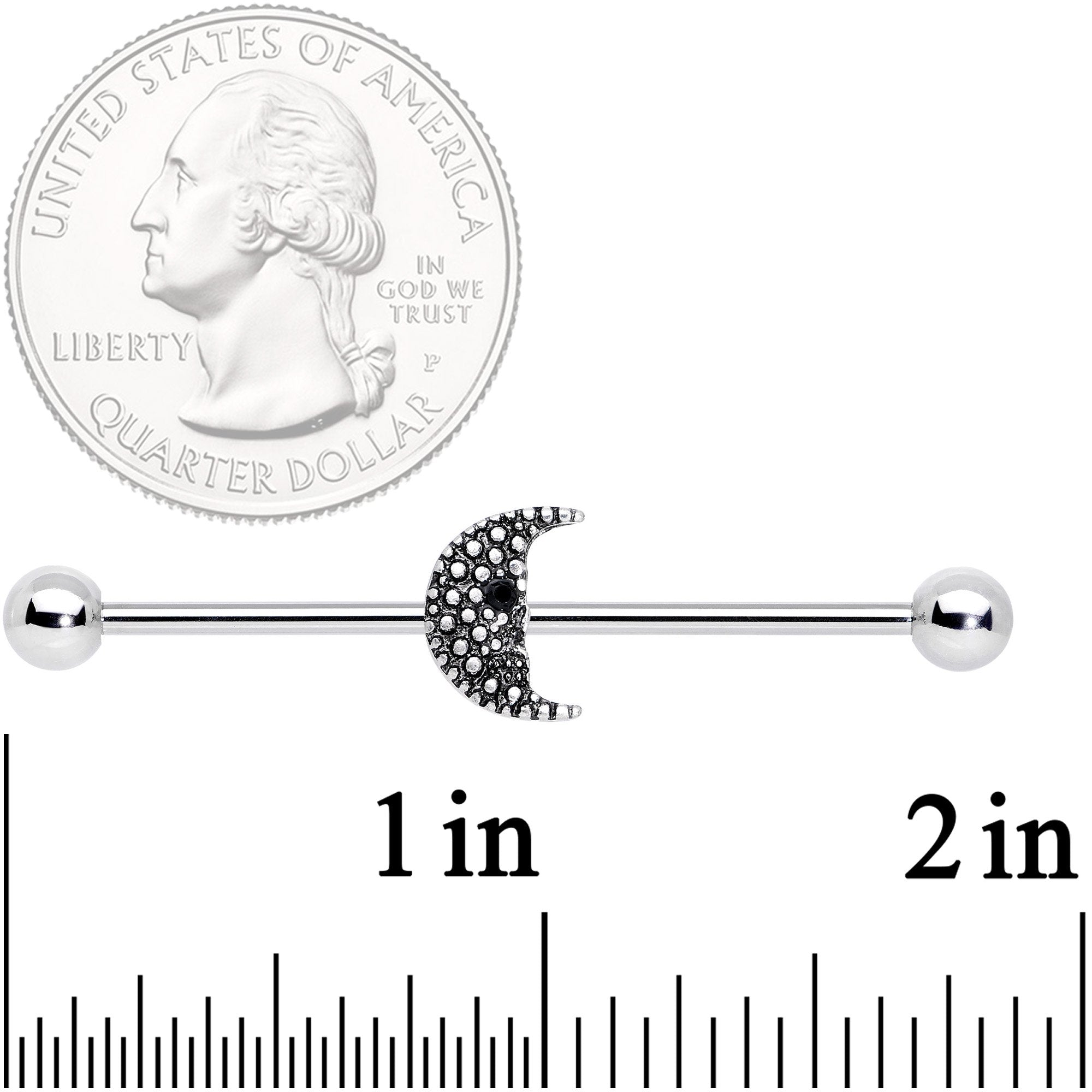 14G Black Gem Night Skull Crescent Moon Industrial Barbell 38mm