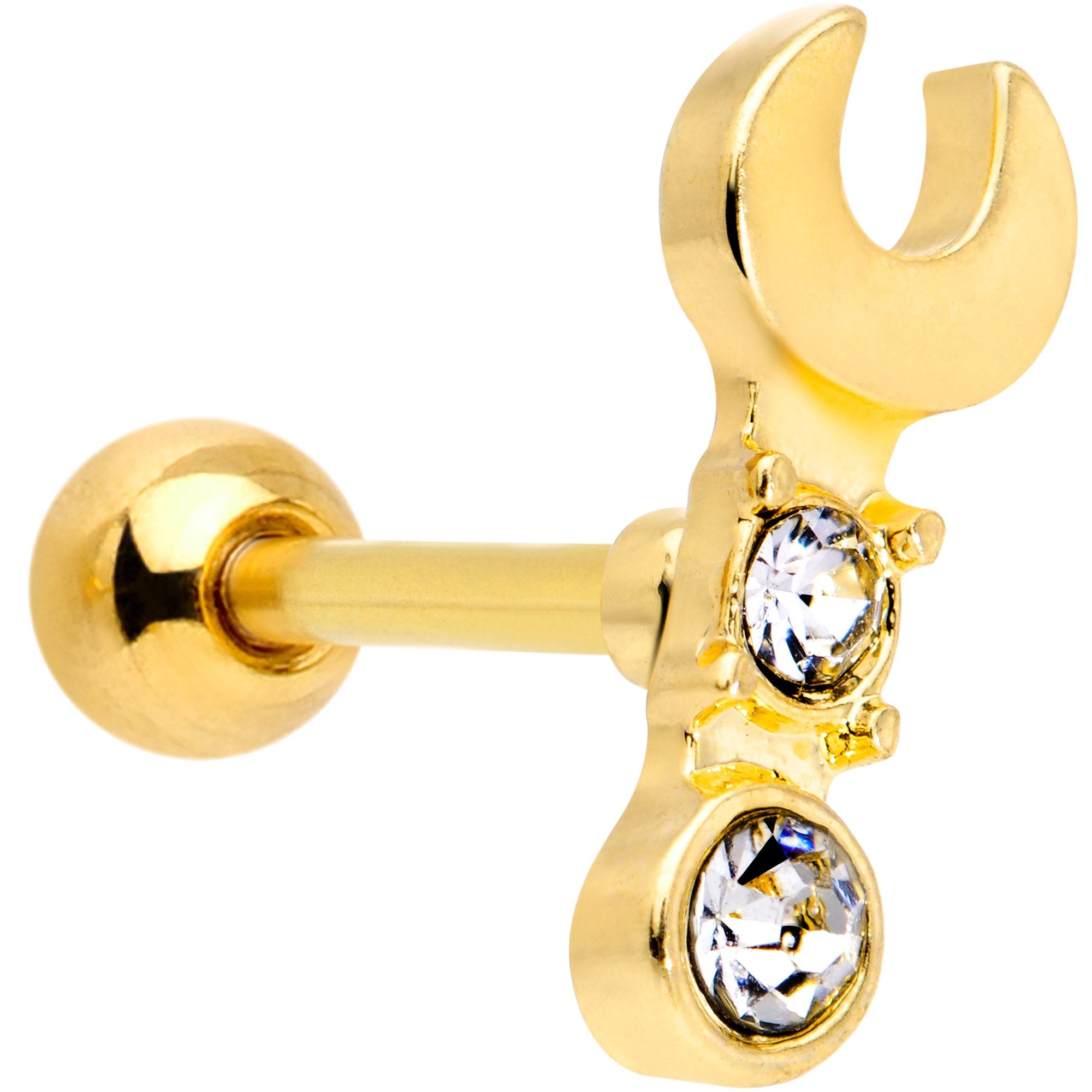 16G 1/4 Clear CZ Gem Gold Tone Crescent Wrench Cartilage Tragus