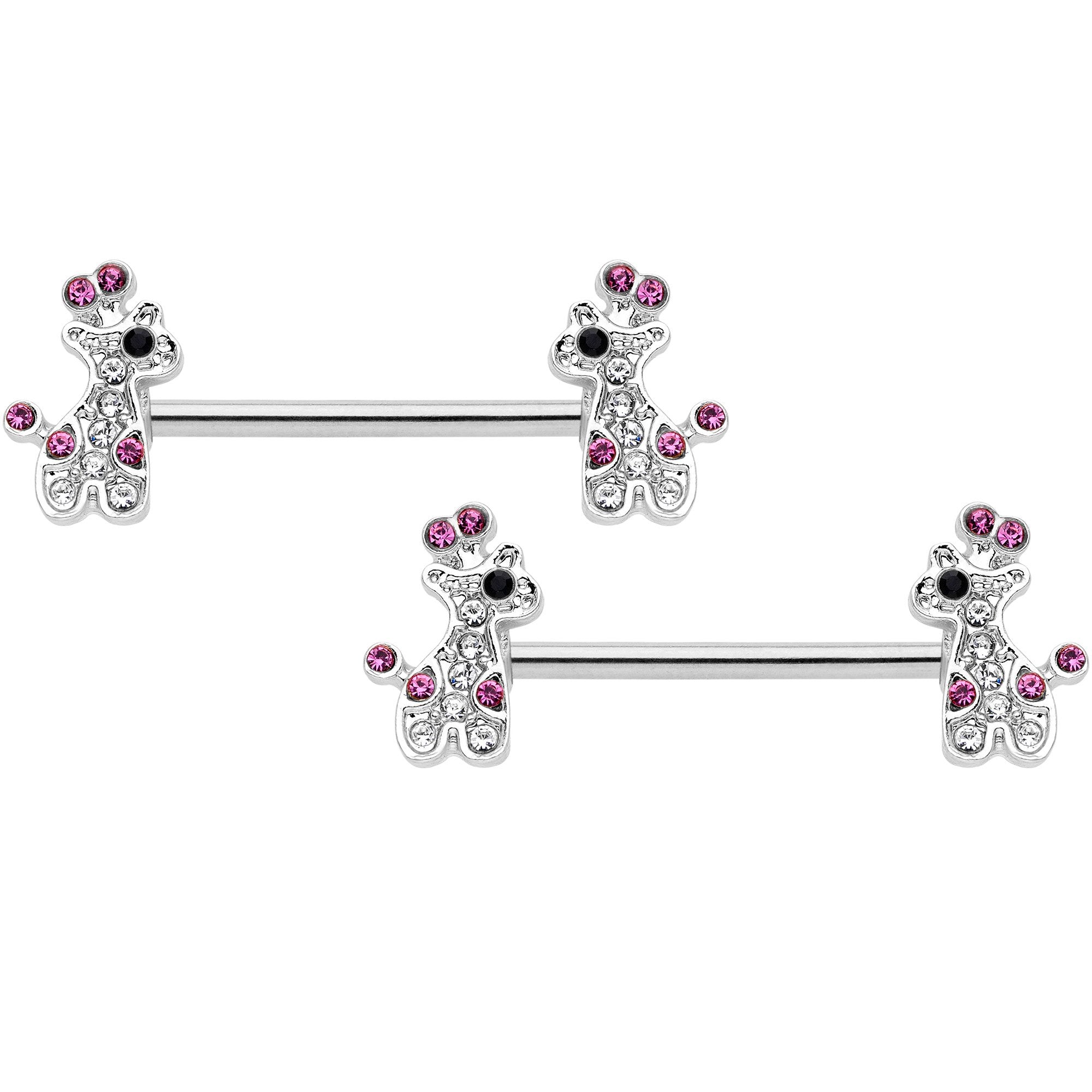 14G Clear Pink Gem Giraffe UV Horseshoe Nipple Ring Set