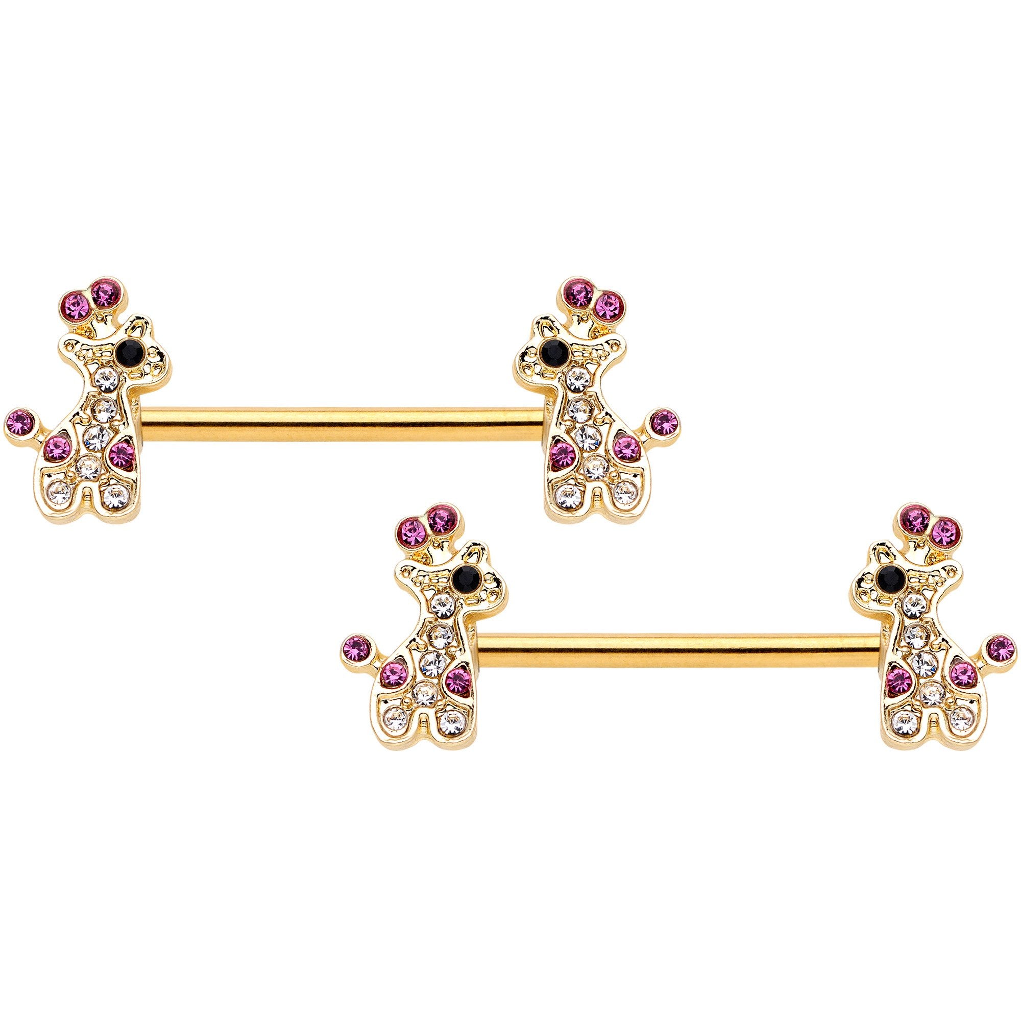 14G Clear Pink Gem Giraffe Gold Tone UV Horseshoe Nipple Ring Set